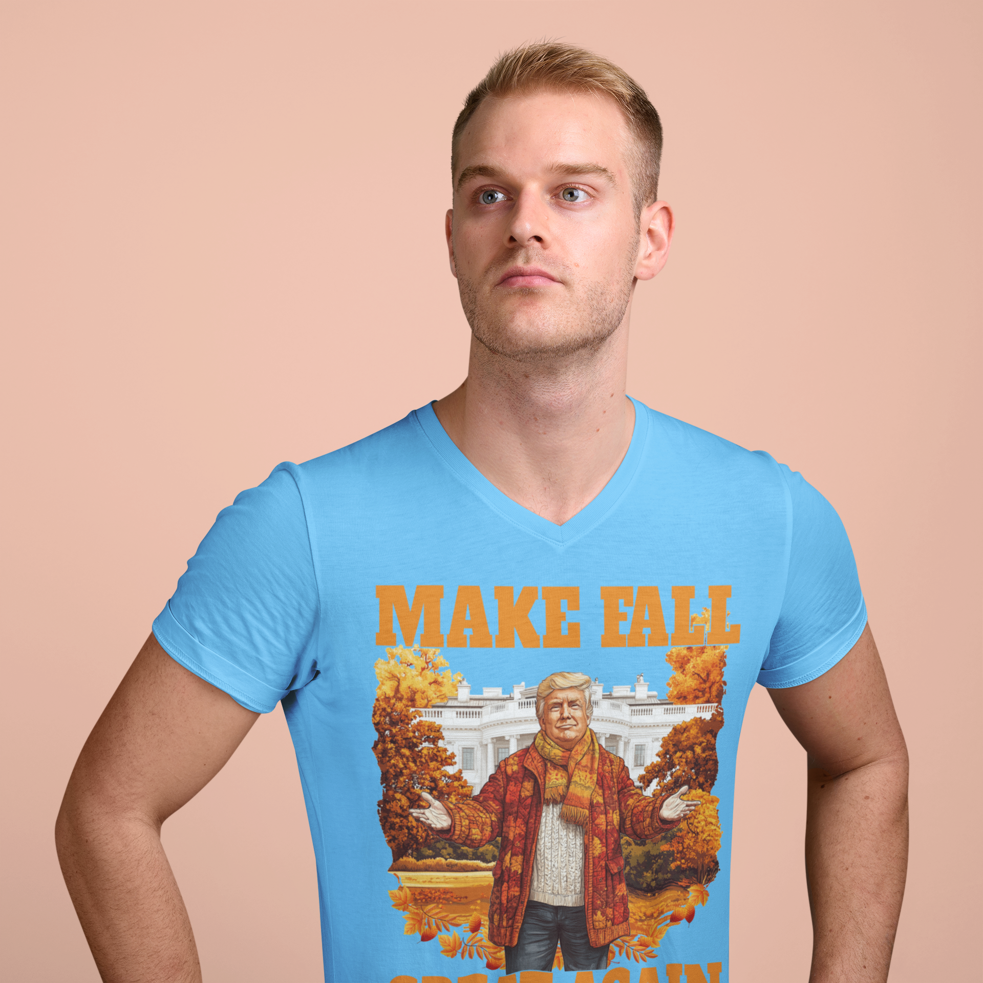 Make Fall Great Again Autumn T Shirt worn by a model, featuring a vibrant blue color and playful autumn design.