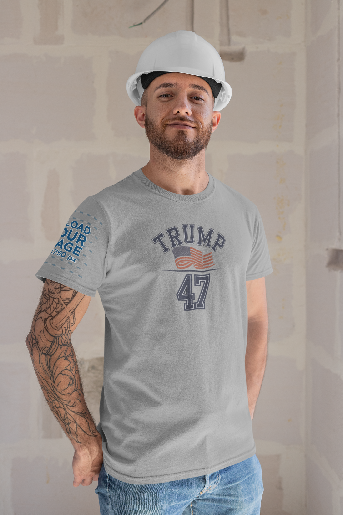 Trump 47 Patriotic Banner Print worn by a man in a hard hat, showcasing his pride and support.