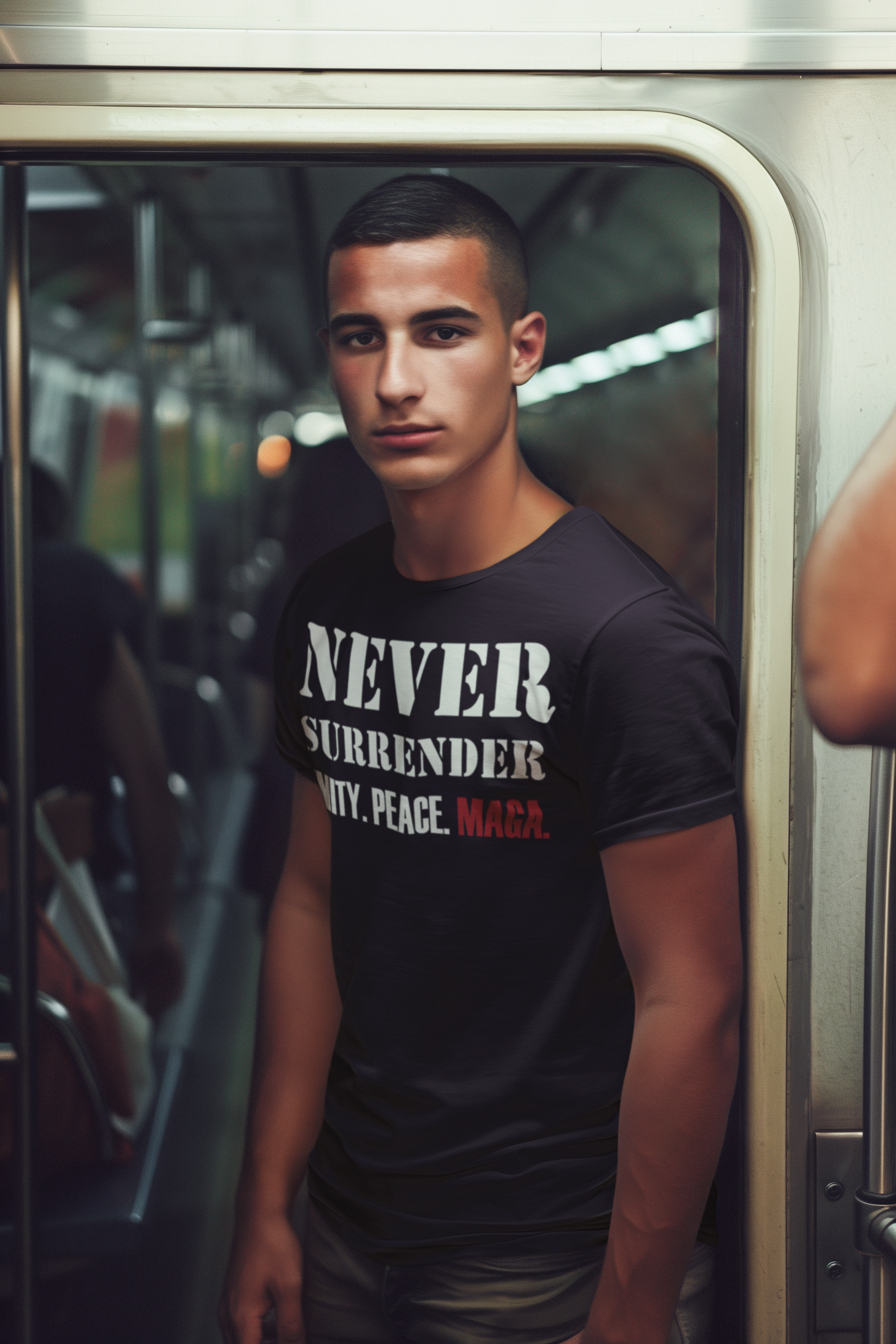 A young man wearing a Never Surrender Unity. Peace. MAGA t-shirt while standing in a subway train.