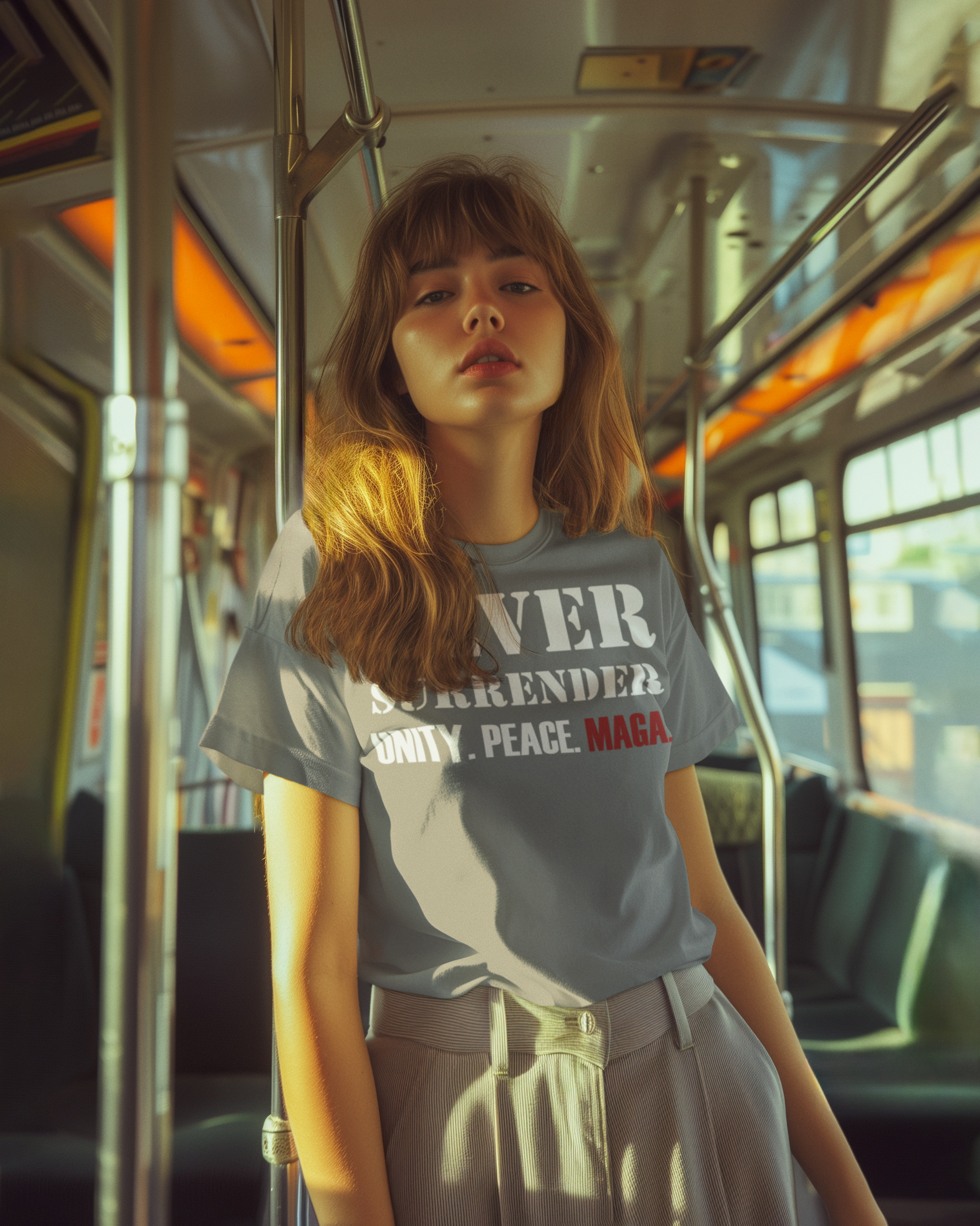 Woman wearing a shirt with the text Never Surrender Unity. Peace. MAGA in a bus setting.