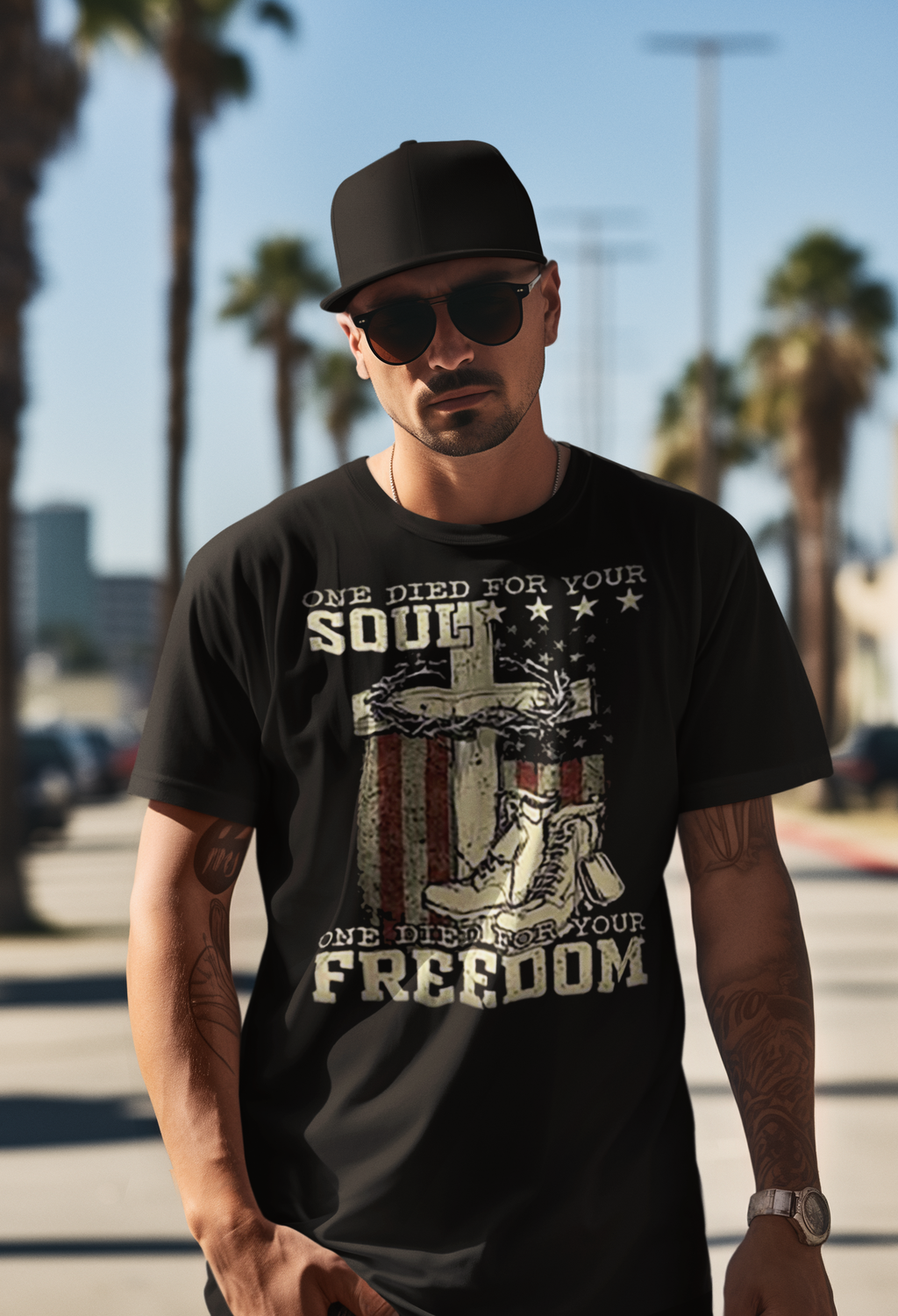 One Died For Your Soul One Died For Your Freedom apparel on a man, showcasing faith and patriotism.