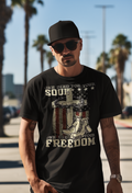 One Died For Your Soul One Died For Your Freedom apparel on a man, showcasing faith and patriotism.