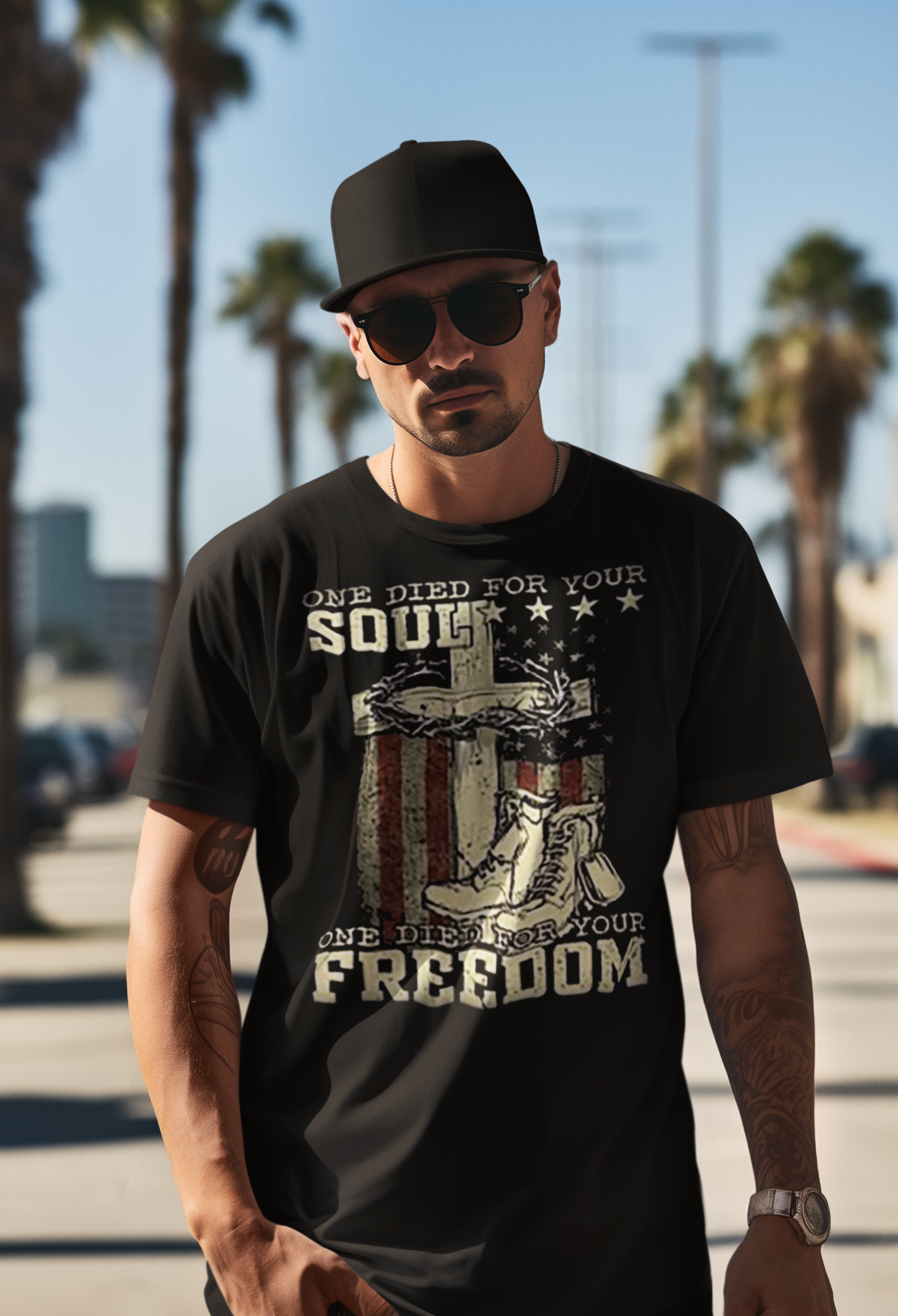 One Died For Your Soul One Died For Your Freedom apparel on a man, showcasing faith and patriotism.