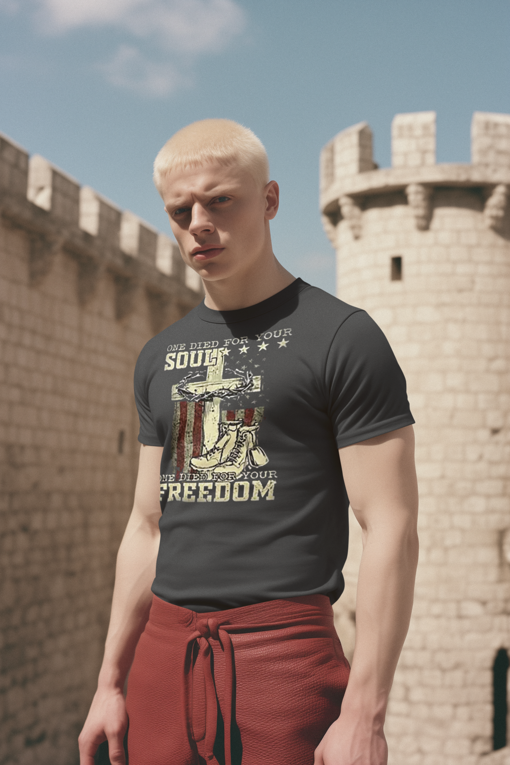 Model wearing 'One Died For Your Soul One Died For Your Freedom' graphic tee in front of a castle.