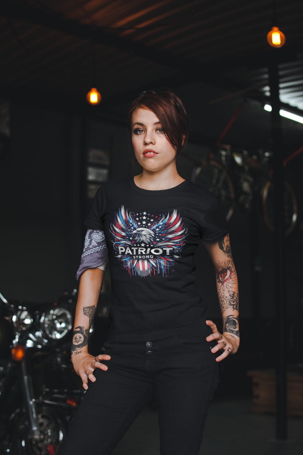 Model wearing a black t-shirt with Patriot Strong Custom Print Top graphic in a stylish setting.
