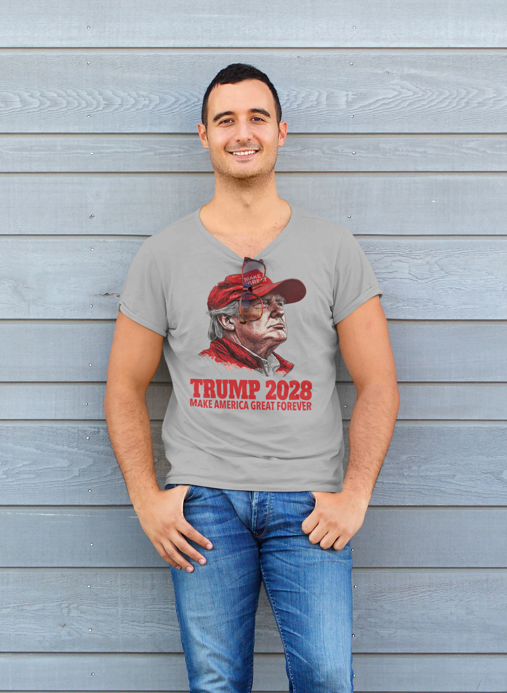 Trump 2028 Make America Great Forever graphic tee worn by a smiling man against a wooden background.