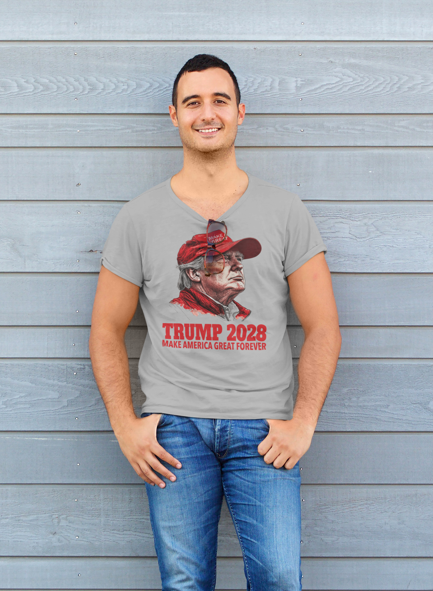 Trump 2028 Make America Great Forever graphic tee worn by a smiling man against a wooden background.