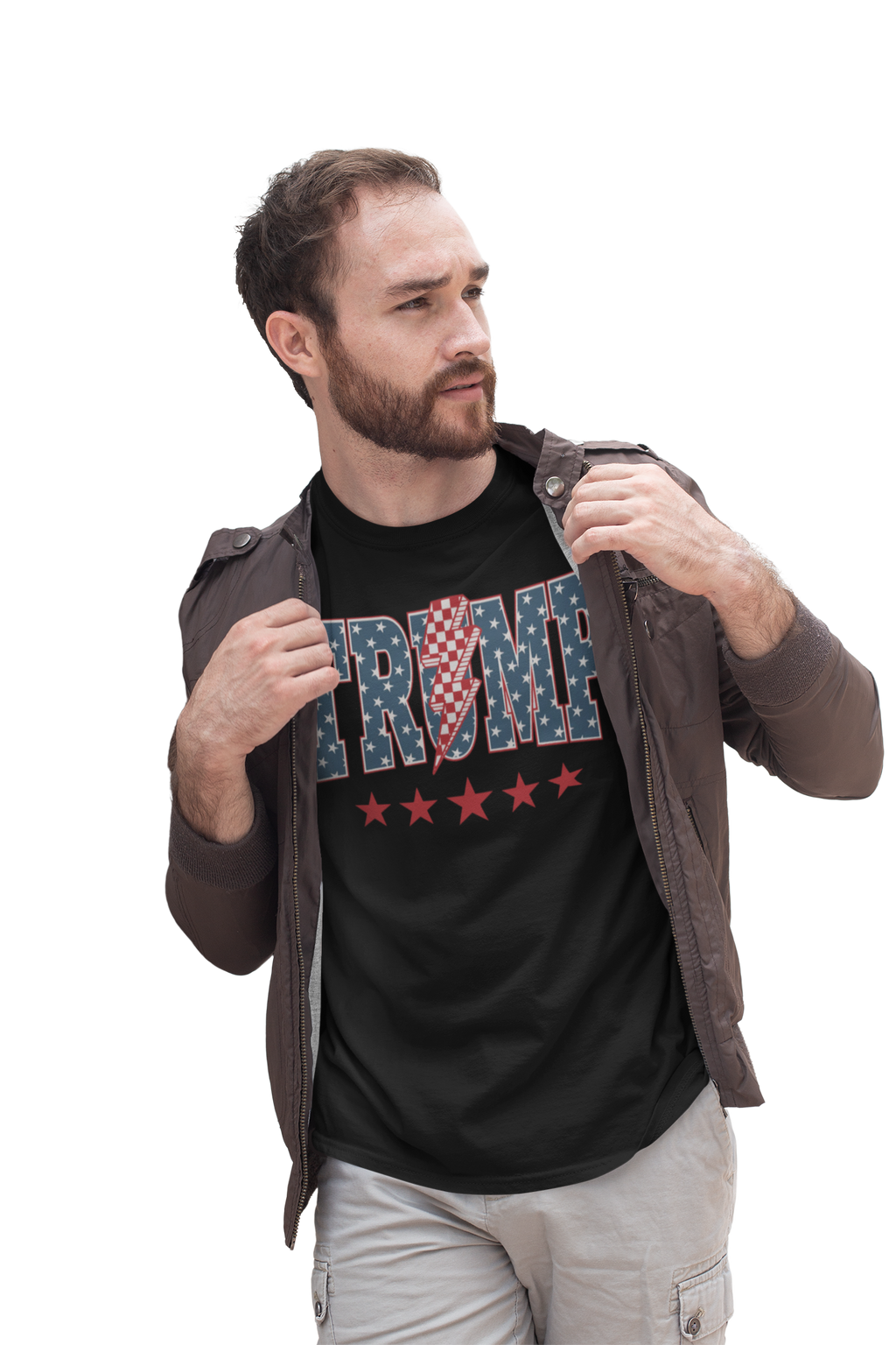 Man wearing Trump Storm Lightning Style Tee with graphic design and stars, showcasing conservative fashion.