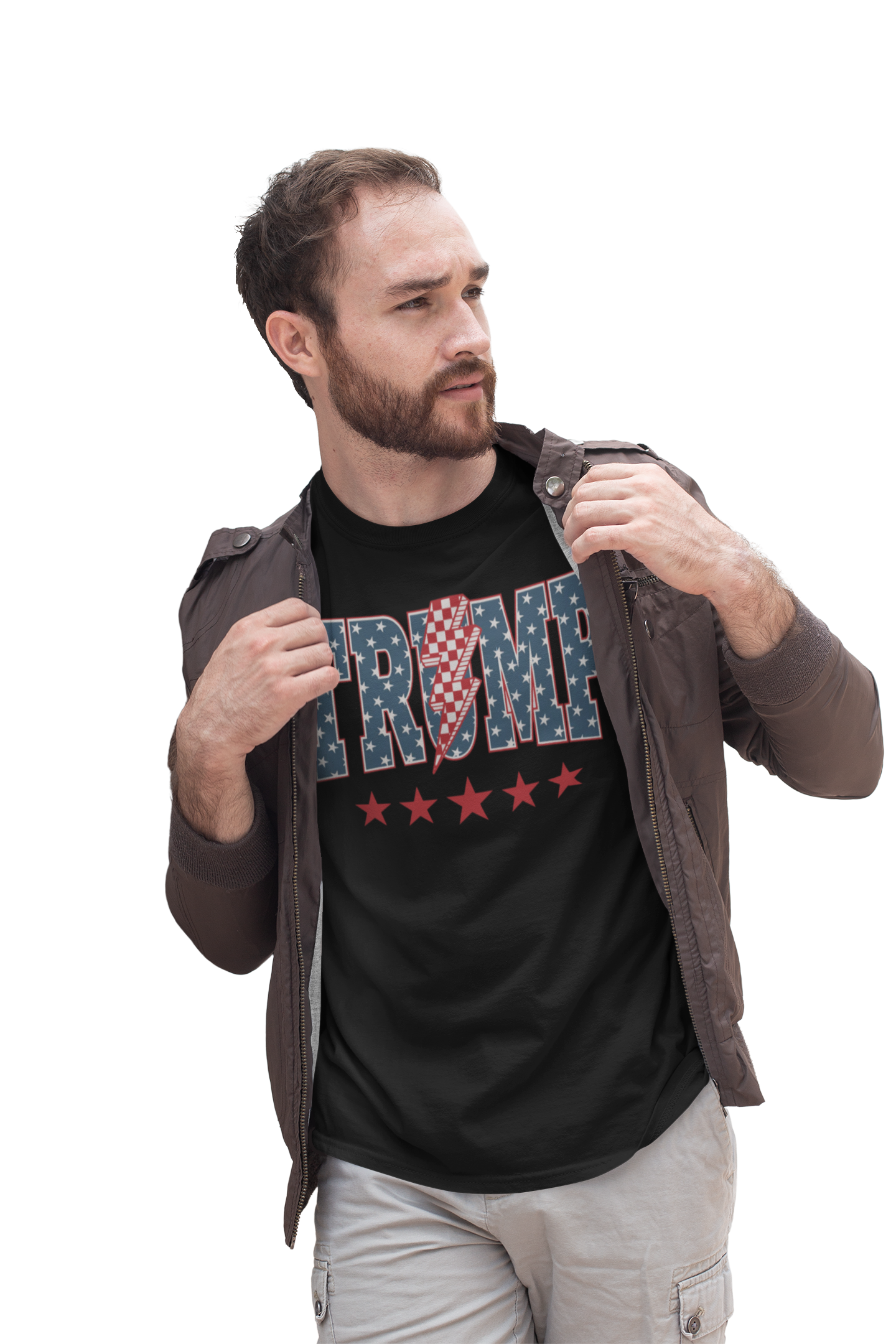 Man wearing Trump Storm Lightning Style Tee with graphic design and stars, showcasing conservative fashion.