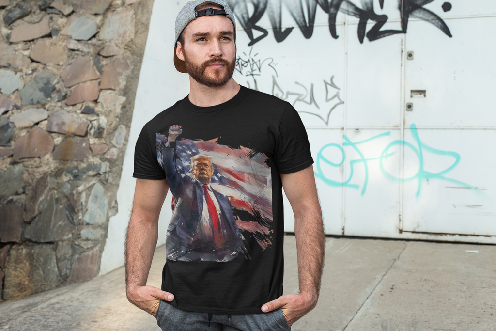Trump Fist Up Stars And Stripes graphic tee worn by man in urban setting.