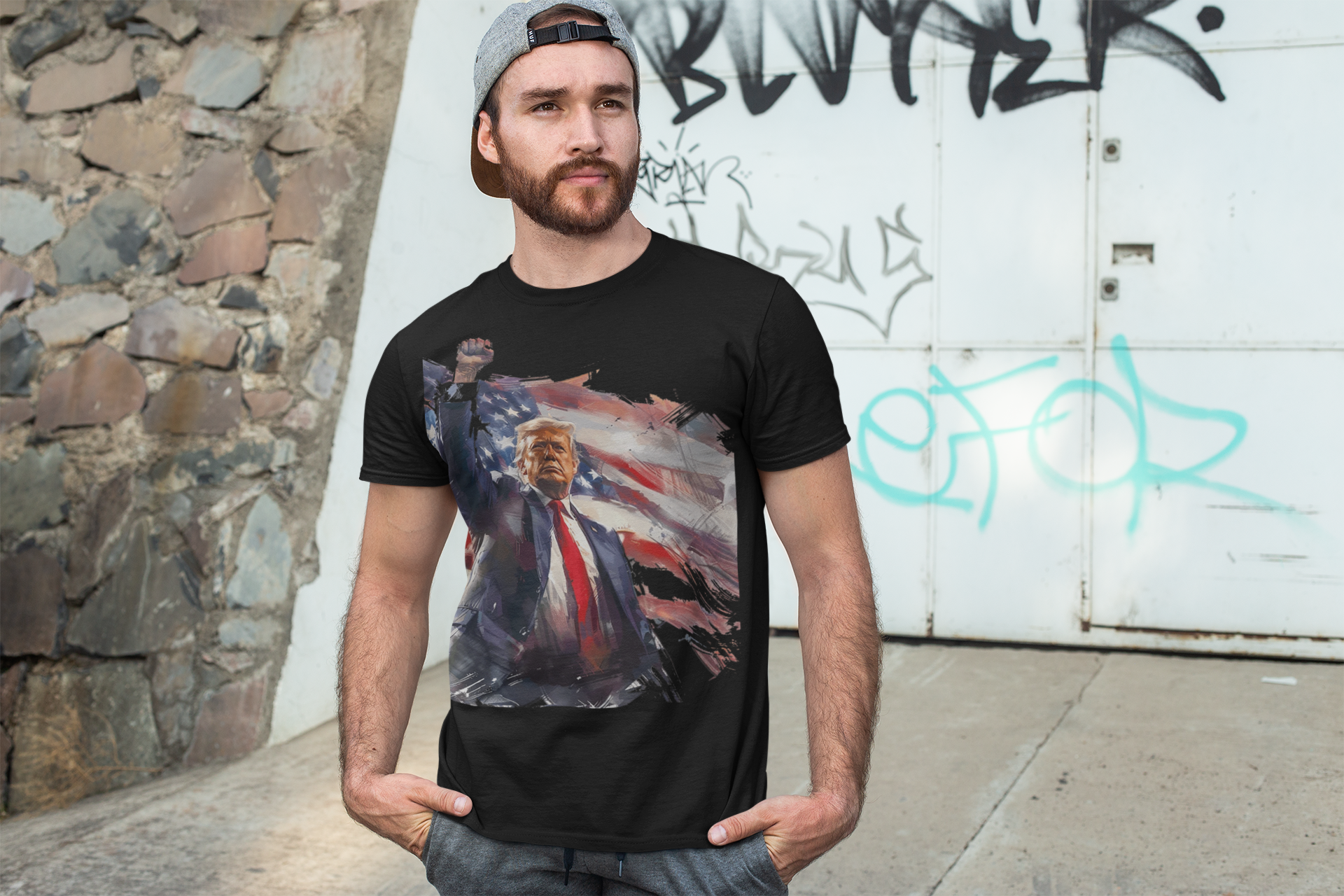 Trump Fist Up Stars And Stripes graphic tee worn by man in urban setting.