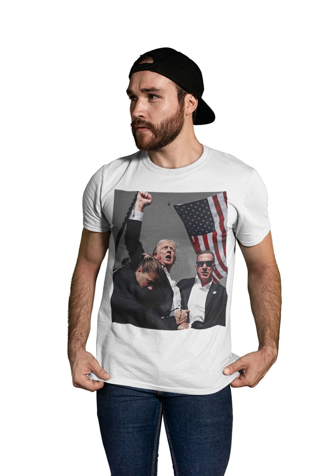 Model wearing Trump Shot Commemorative Apparel graphic tee showcasing patriotic support.