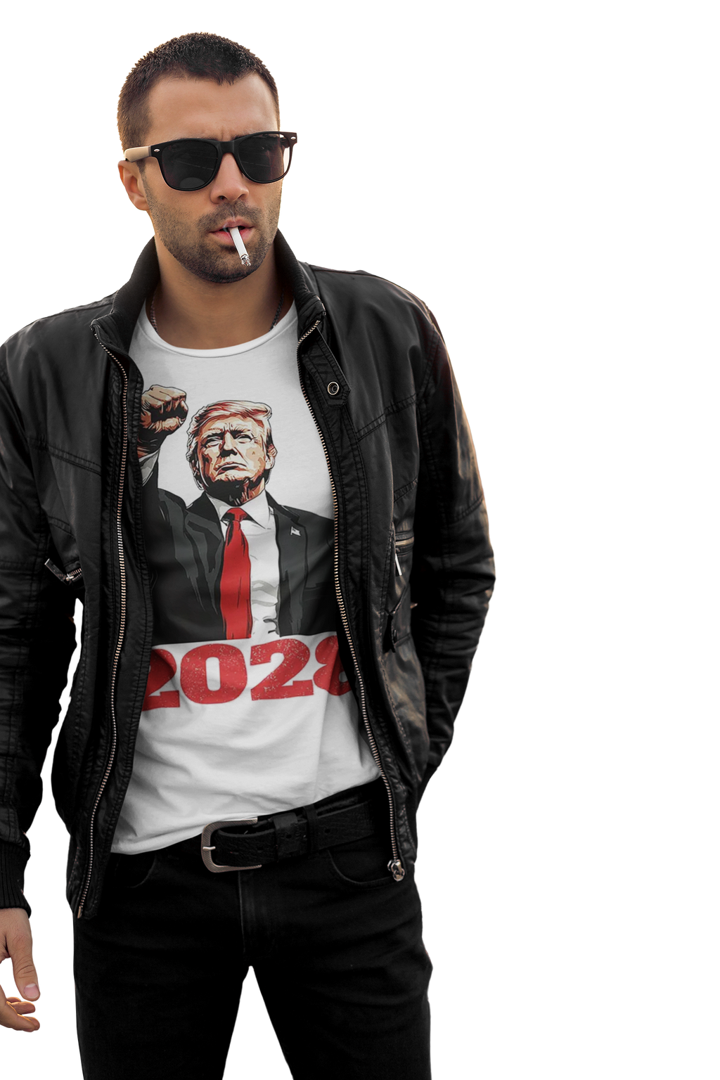 Man wearing Bold Trump 2028 Fist Art Apparel graphic tee and leather jacket with sunglasses.
