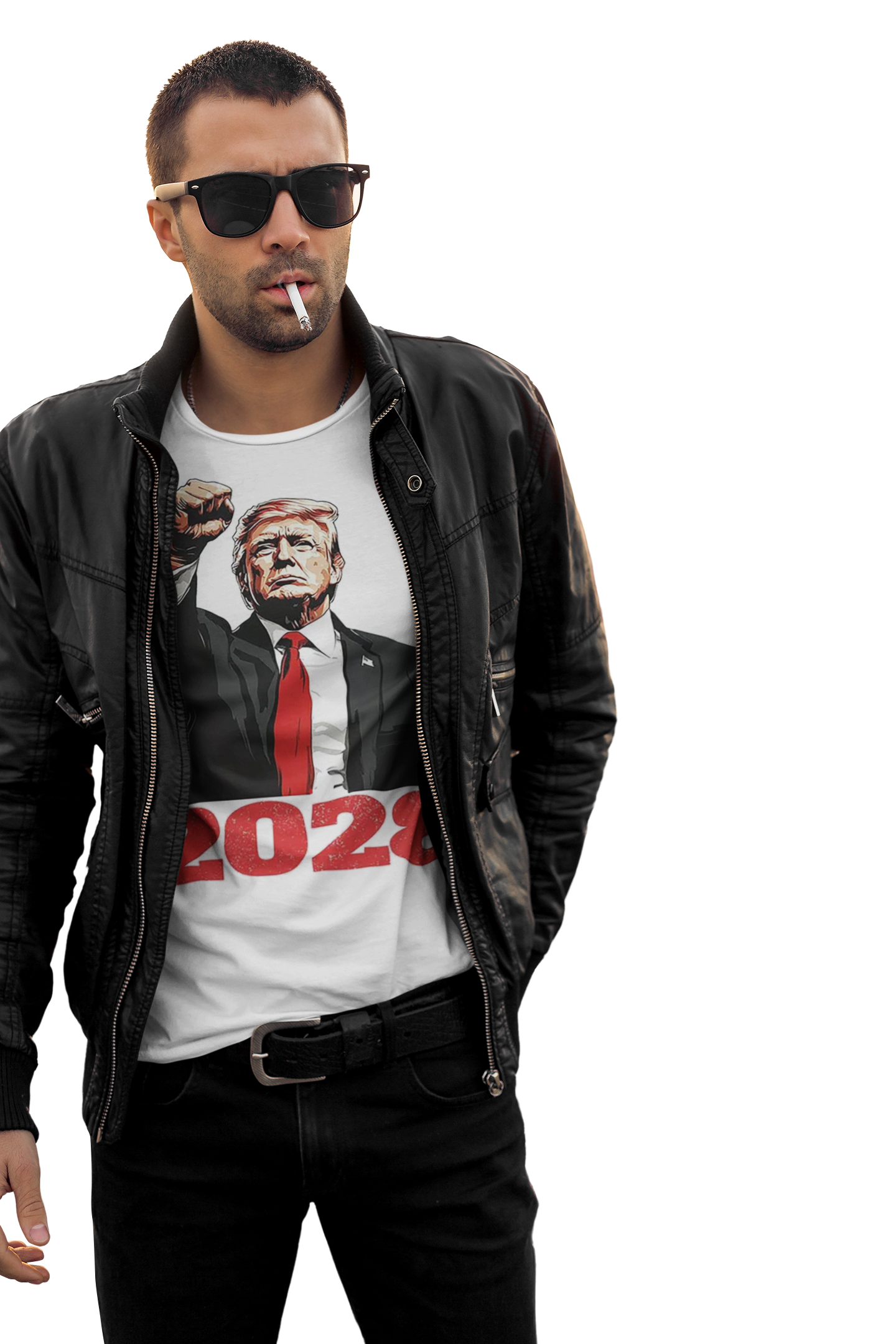 Man wearing Bold Trump 2028 Fist Art Apparel graphic tee and leather jacket with sunglasses.