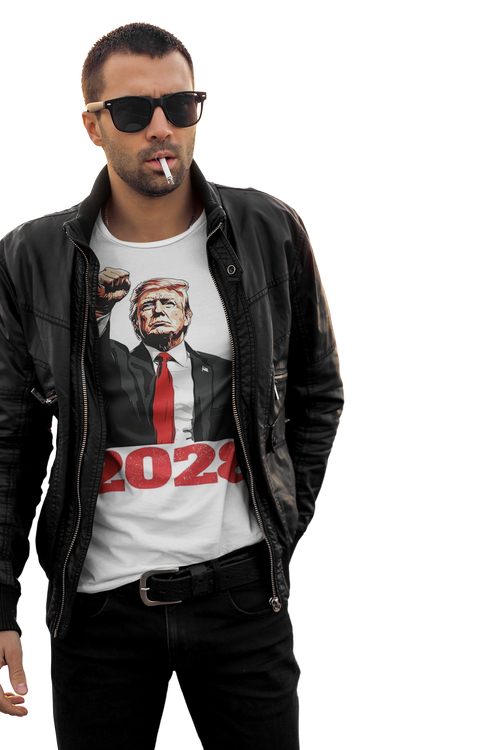 Man wearing Bold Trump 2028 Fist Art Apparel graphic tee and leather jacket with sunglasses.