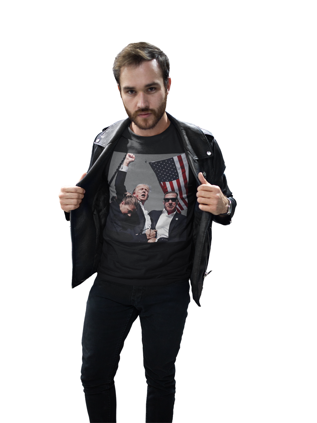 Man wearing Trump Shot Commemorative Apparel graphic tee with patriotic imagery and holding jacket open.
