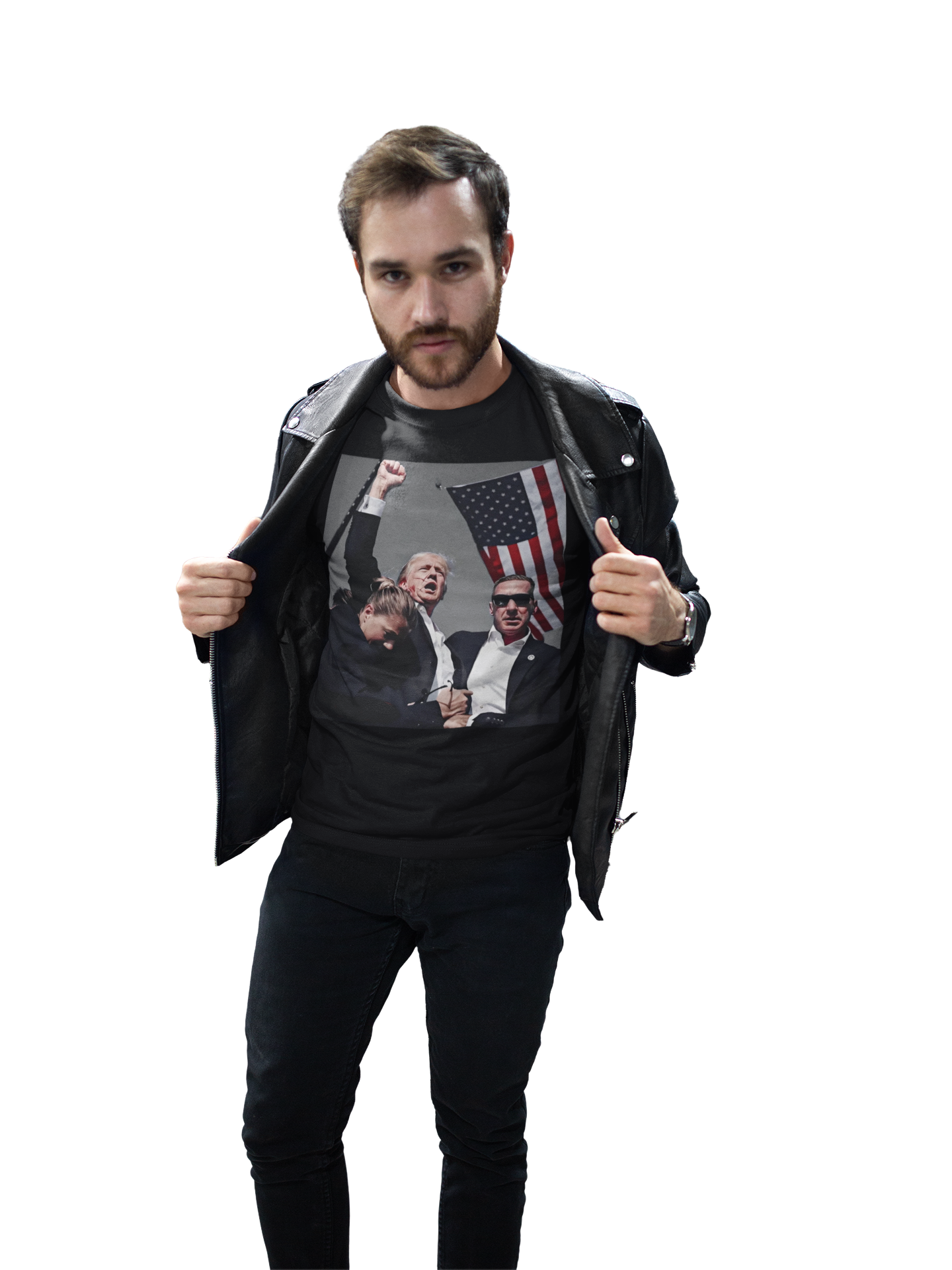 Man wearing Trump Shot Commemorative Apparel graphic tee with patriotic imagery and holding jacket open.