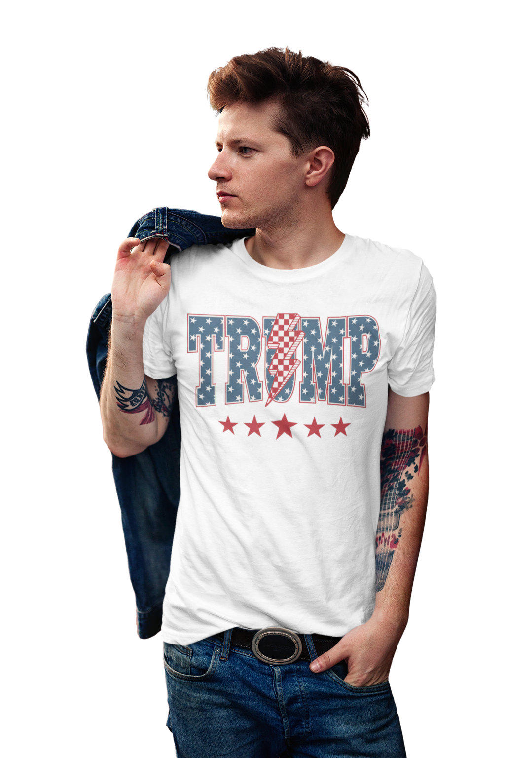Trump Storm Lightning Style Tee featuring a man wearing a graphic tee with the word 'TRUMP' and star designs.