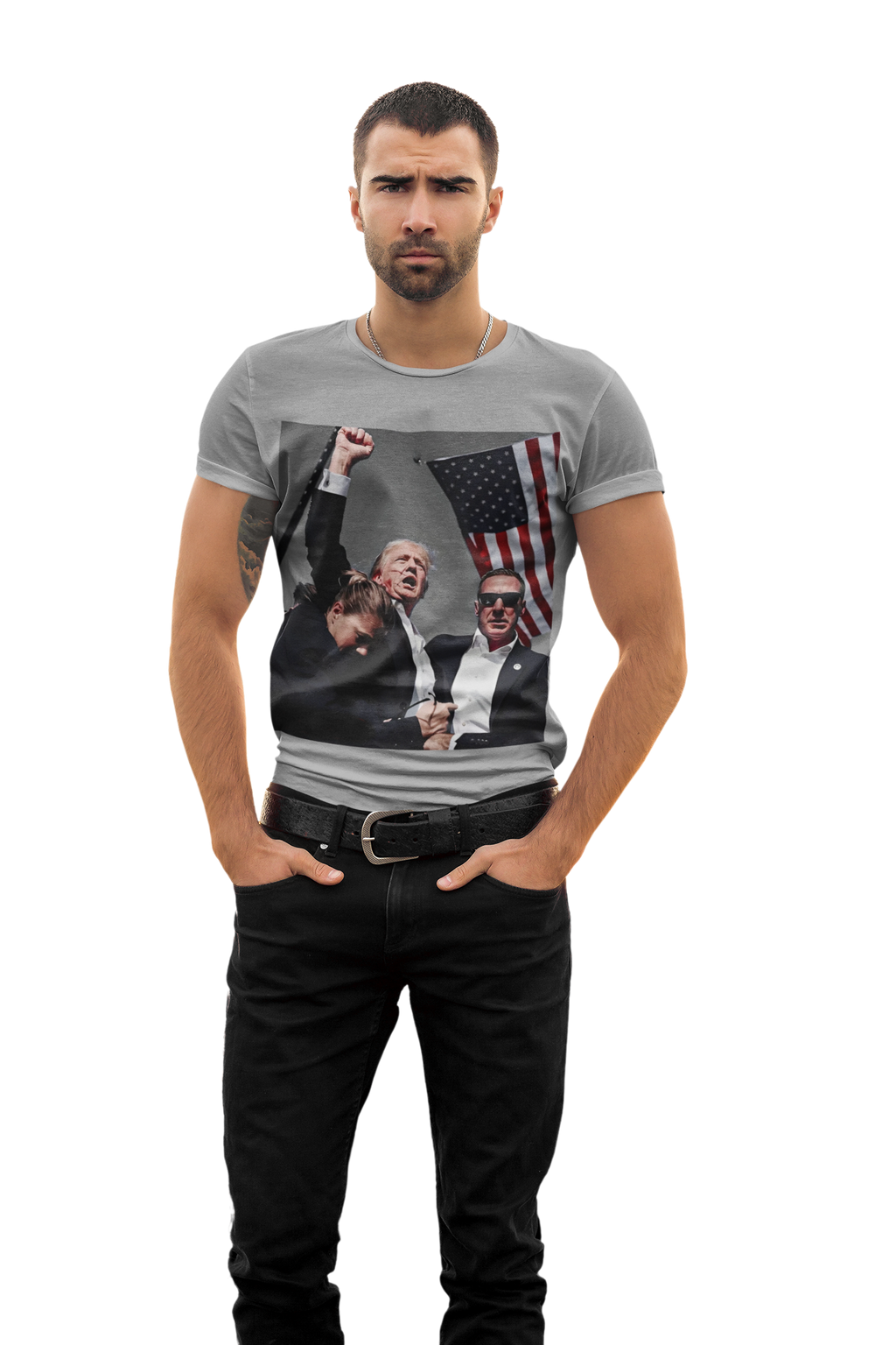 Trump Shot Premium Design Gear – Conservative fitted graphic tee featuring iconic imagery and patriotic themes.