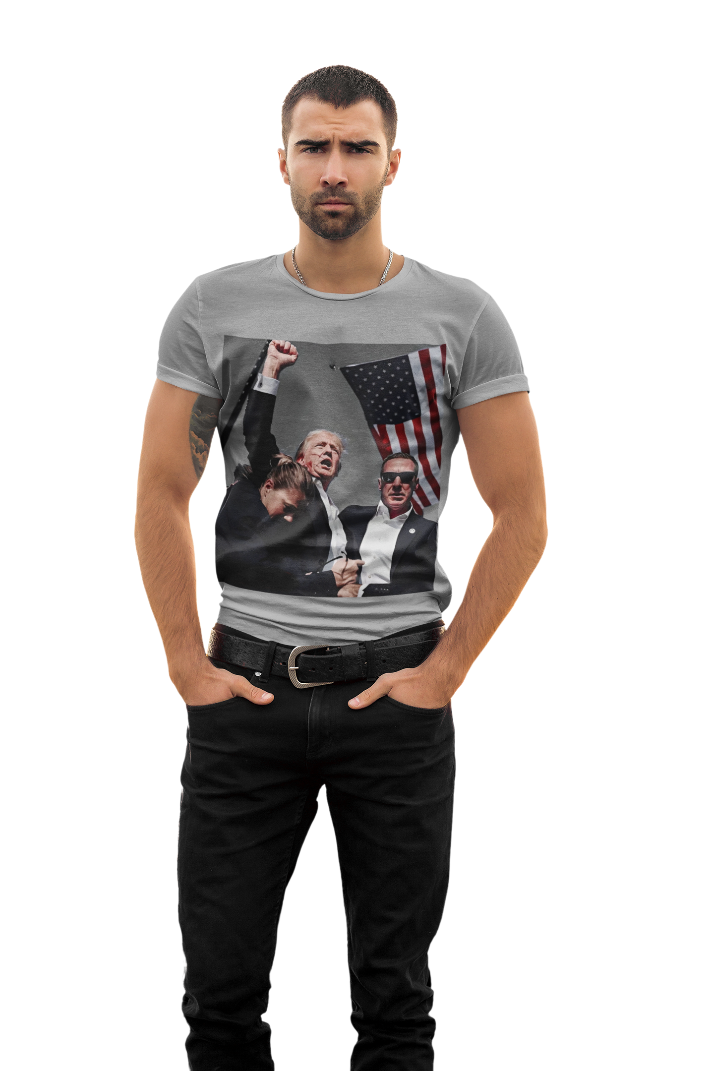 Trump Shot Premium Design Gear – Conservative fitted graphic tee featuring iconic imagery and patriotic themes.