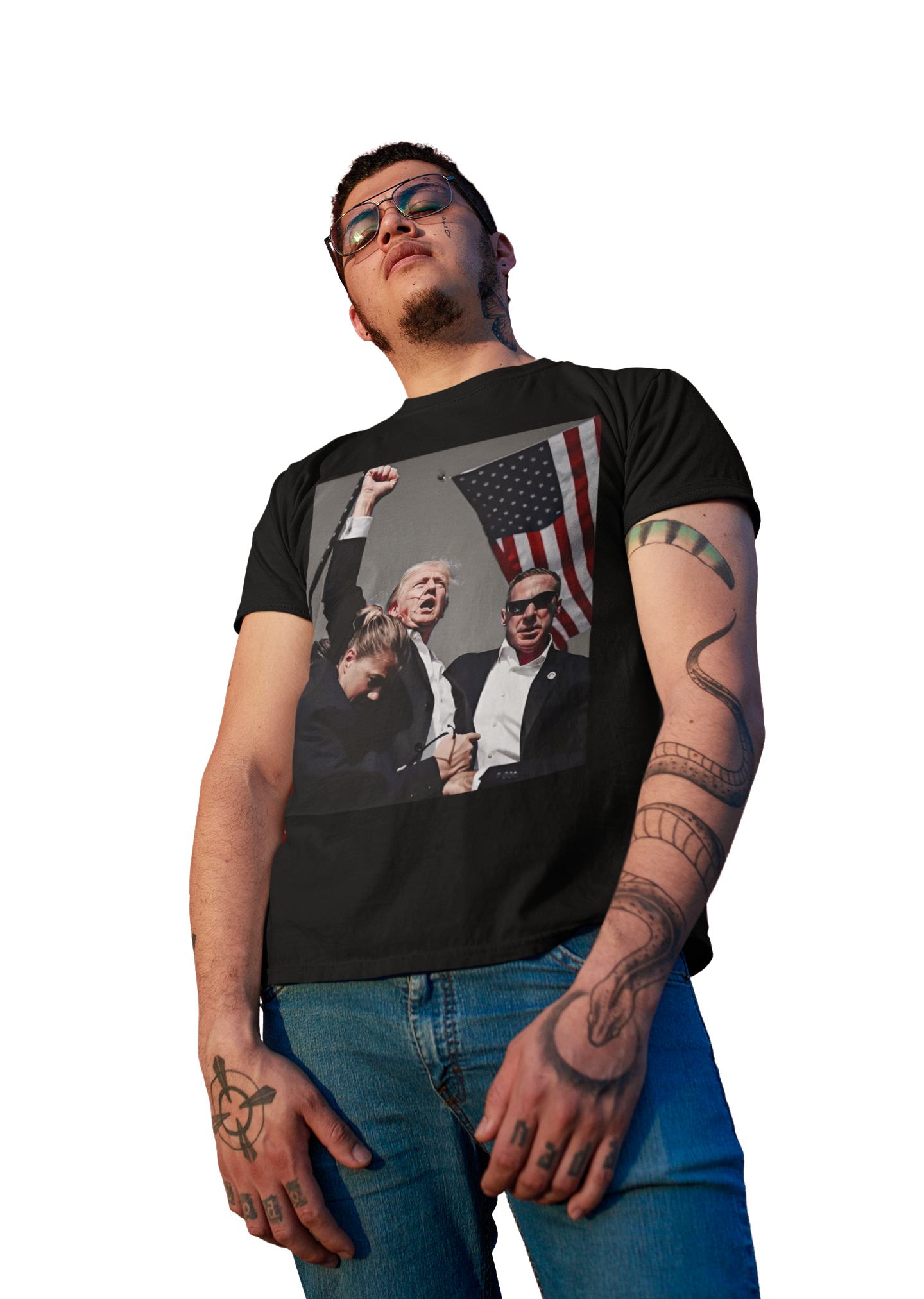 Man wearing Trump Shot Premium Design Gear graphic tee featuring patriotic design and bold imagery.