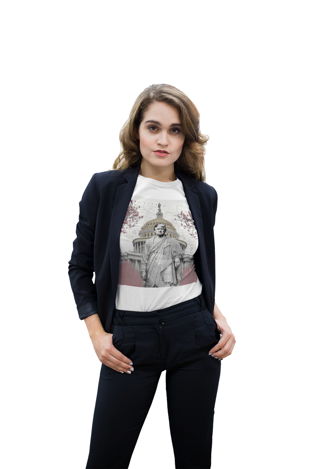Woman wearing a blazer over a Trump Wearing Roman Toga Design graphic tee, posing confidently.