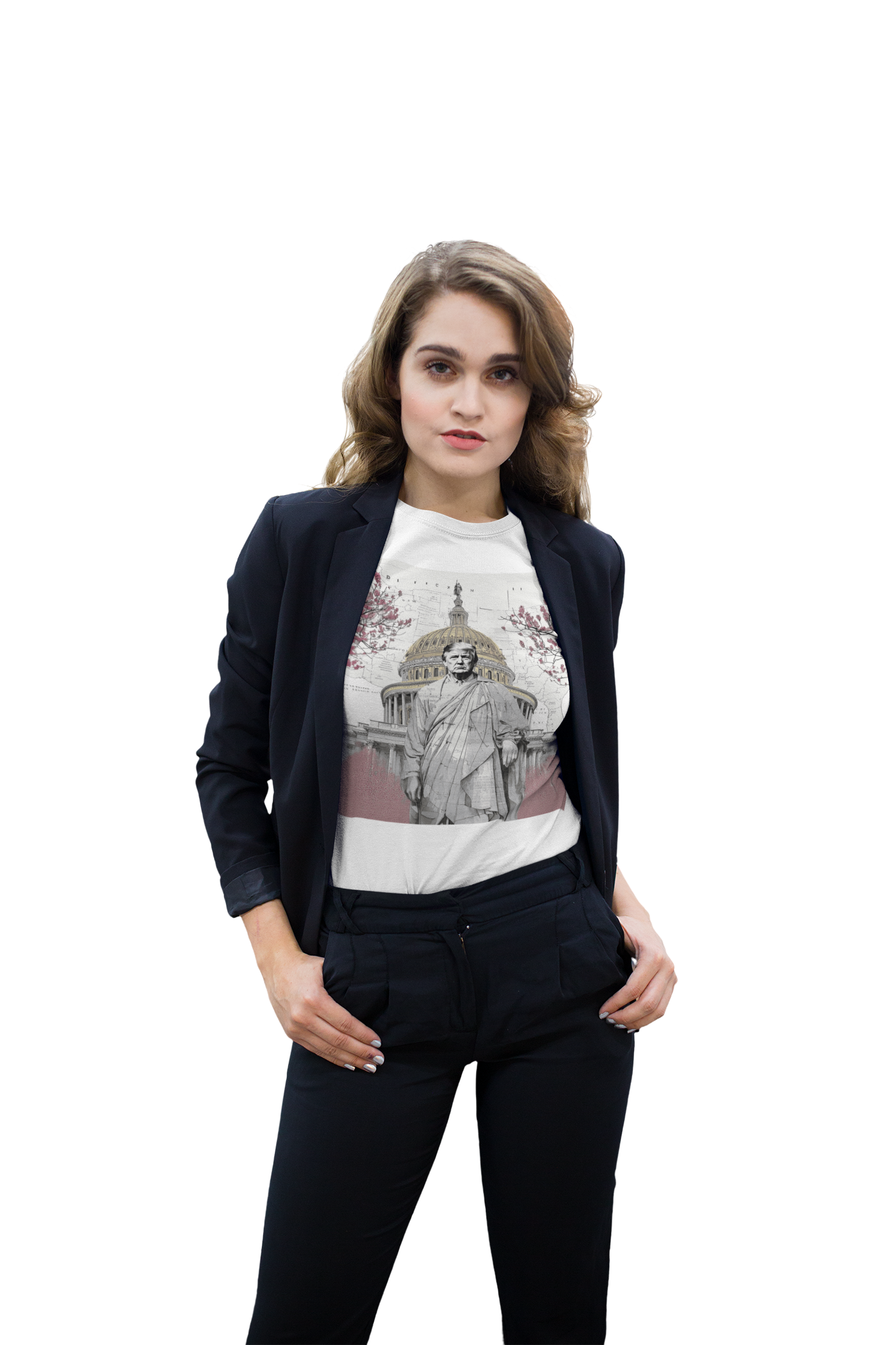 Woman wearing a blazer over a Trump Wearing Roman Toga Design graphic tee, posing confidently.