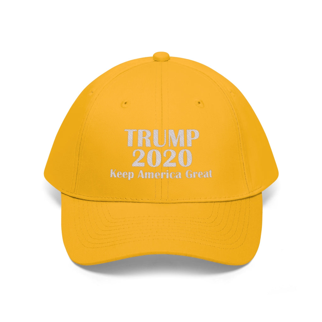 Trump 2020 Keep America Great Campaign Twill Cap in vibrant yellow with embroidered text.