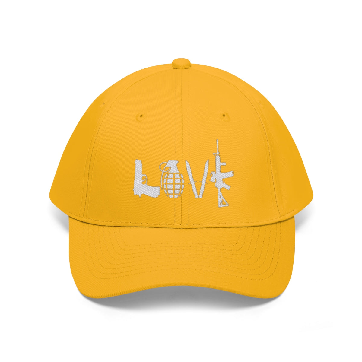 Love Combat Inspired Street Style Twill Cap featuring bold LOVE graphic on yellow cap.