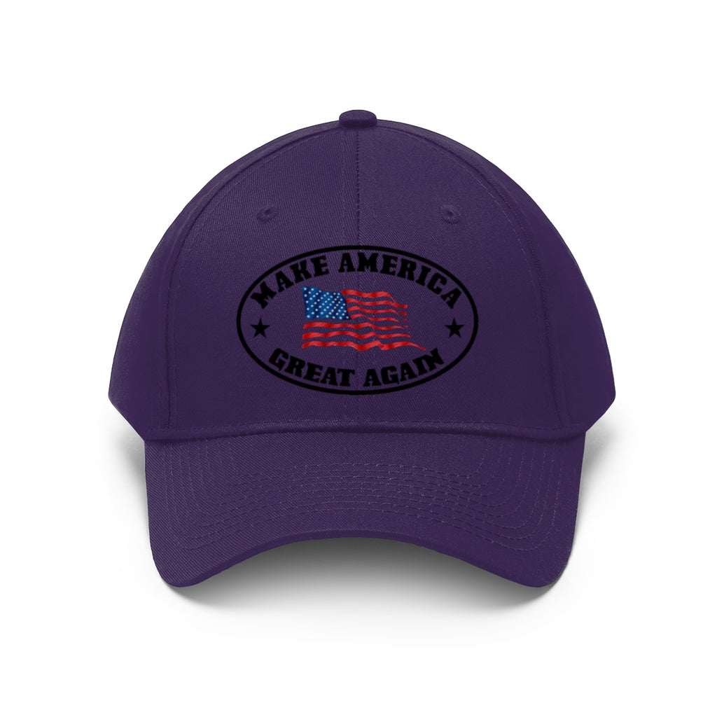 Make America Great Again US Flag Twill Cap featuring a vibrant flag design on a purple base.