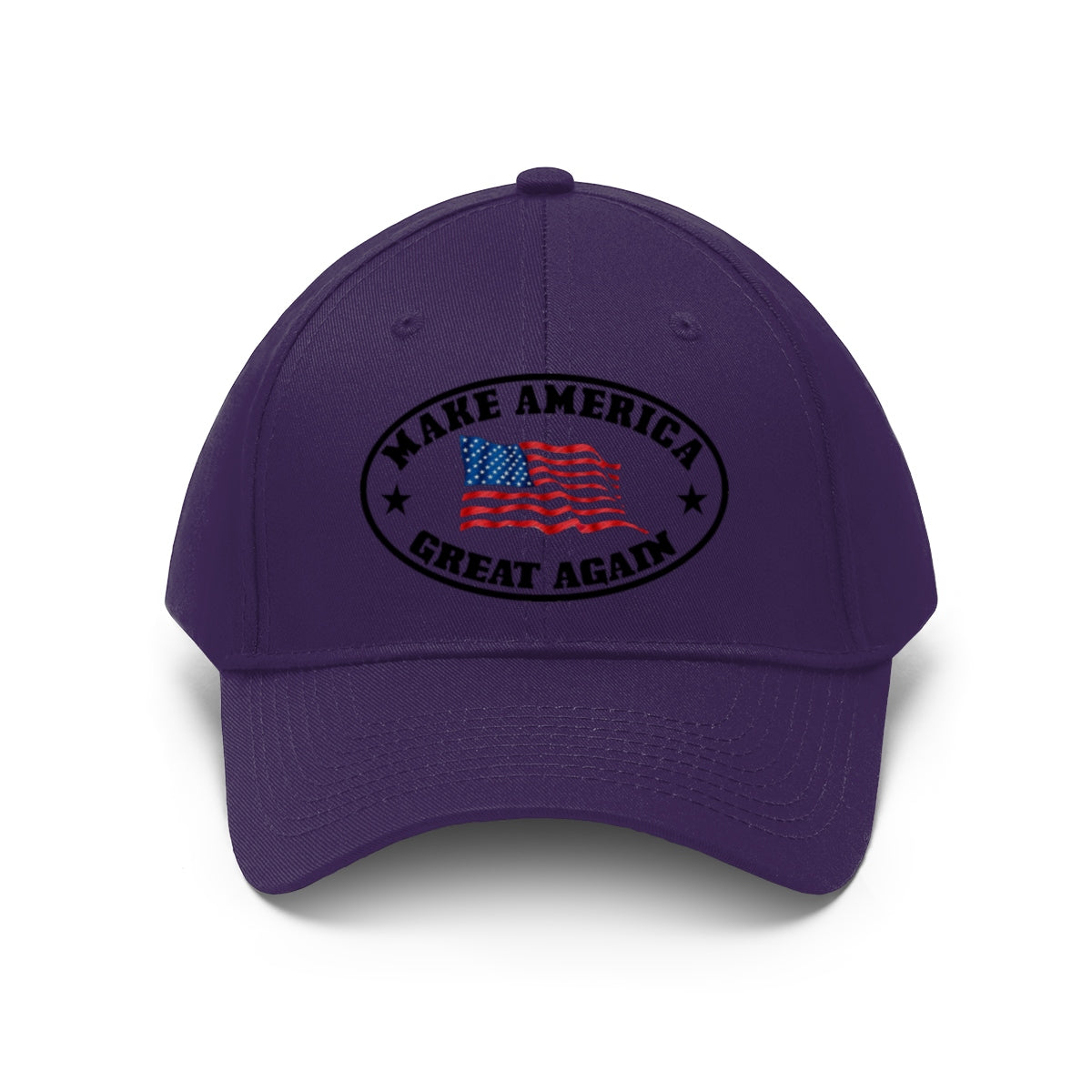 Make America Great Again US Flag Twill Cap featuring a vibrant flag design on a purple base.