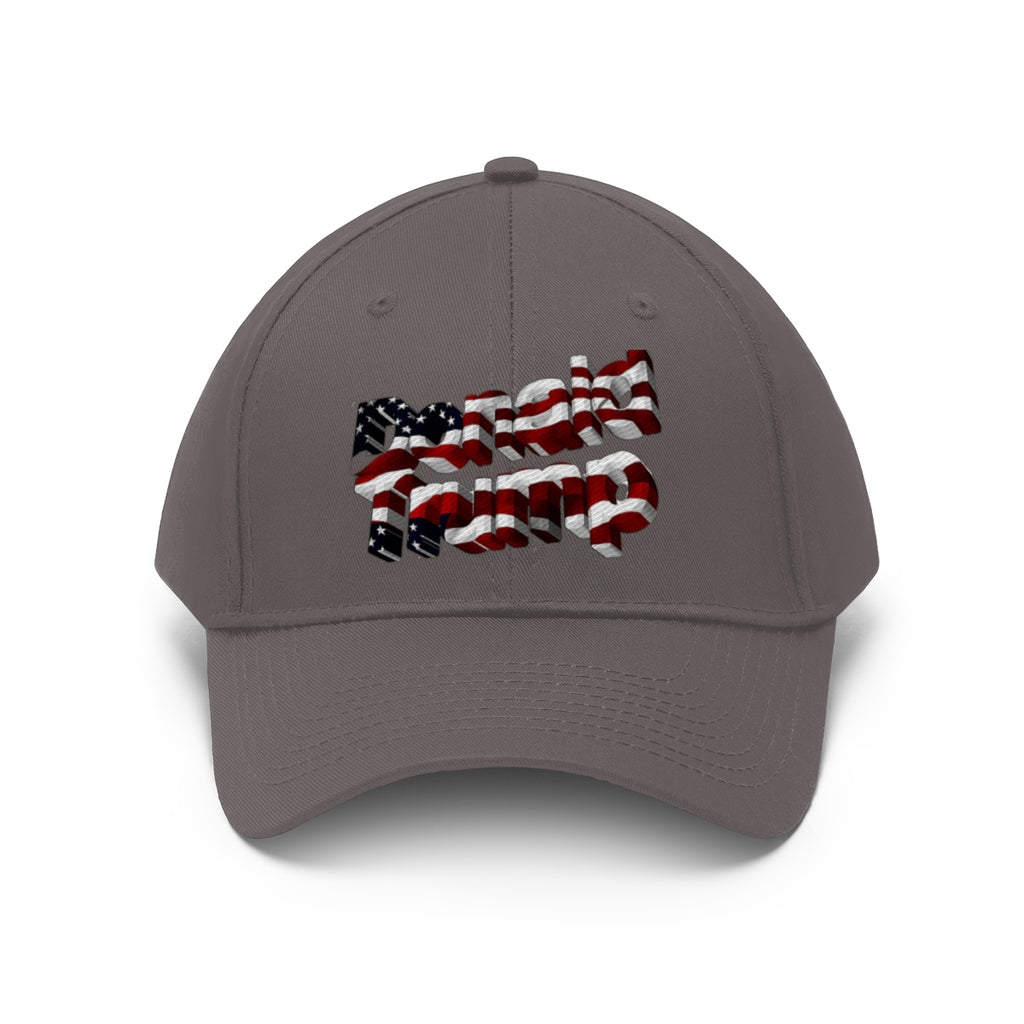 Donald Trump With American Flag Colors Twill Cap featuring an American flag design on a grey cap.