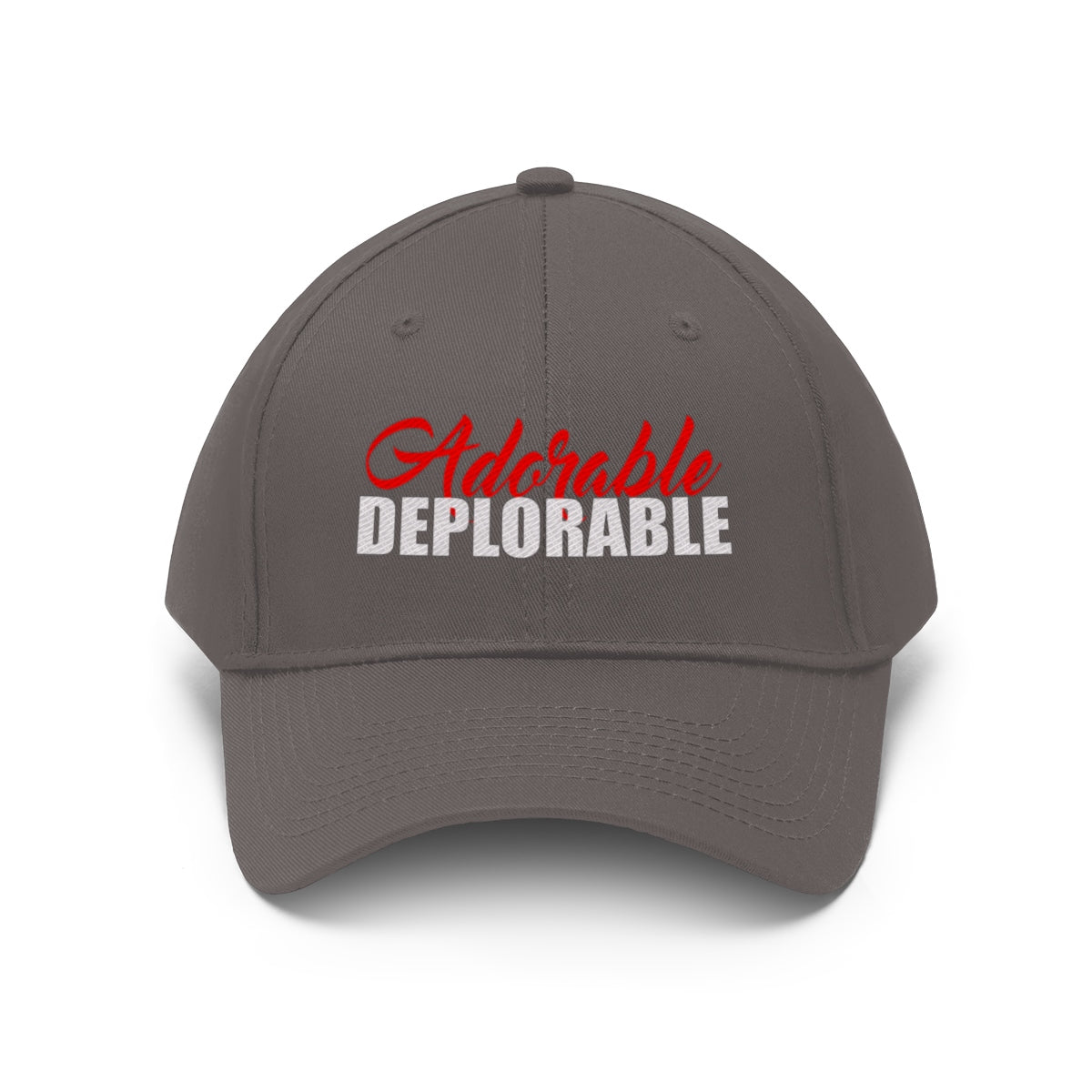Adorable Deplorable Embroidered Twill Cap showcasing bold red and white text on a gray cap.