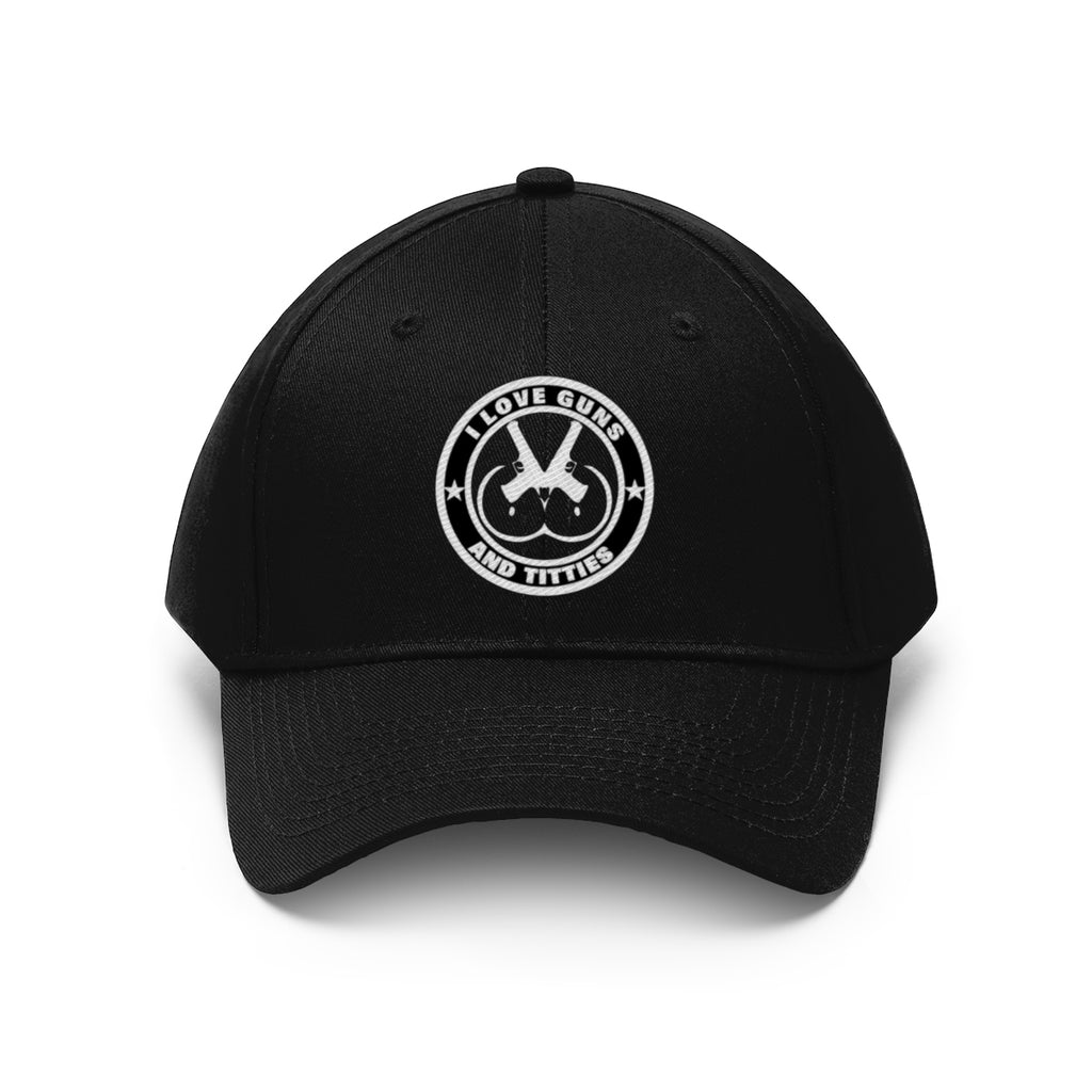 I Love Guns And Titties Twill Cap black cap with logo featuring guns and adult humor design