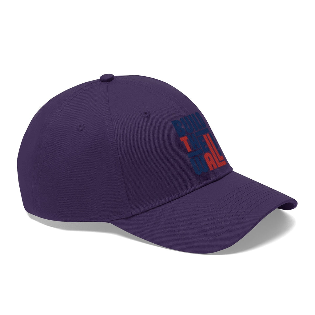 Build The Wall Twill Cap Classic Statement Wear Cap in purple with bold text design