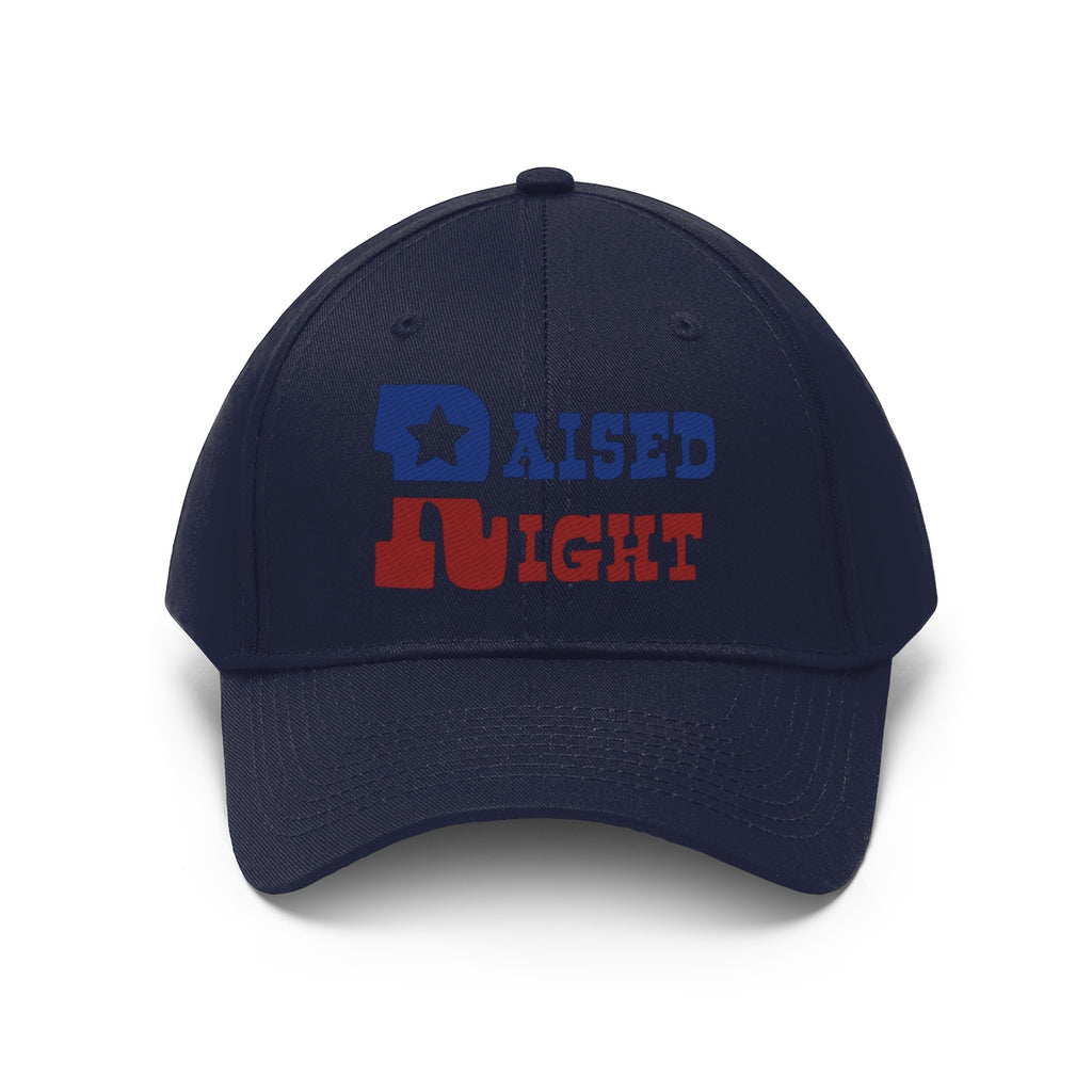 Raised Right Twill Cap Bold Values Casual Wear Cap featuring a navy design with colorful text.