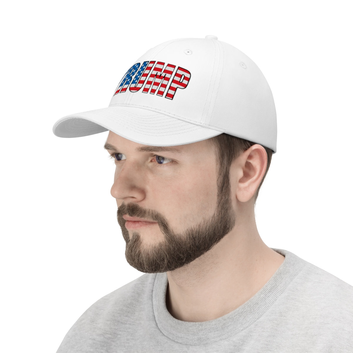 American Flag Twill Cap Patriotic Trump Classic Cap worn by man showcasing patriotic style and support.