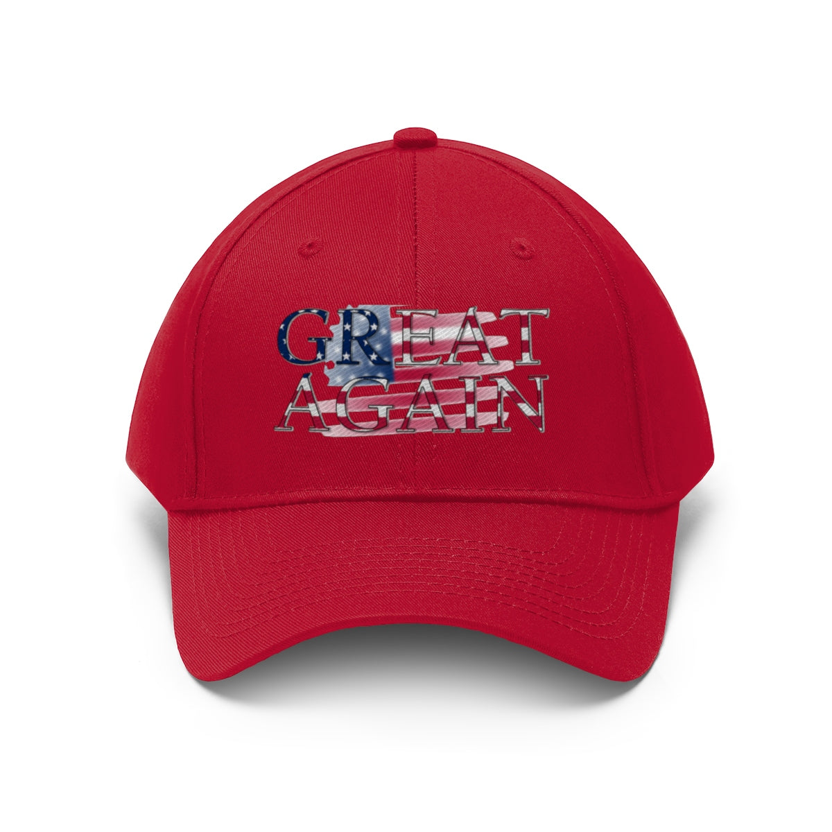 Great Again On Faded American Flag Twill Cap featuring a red background and American flag design.