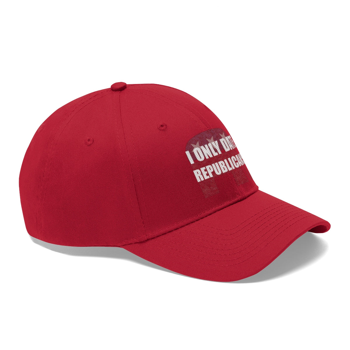 I Only Date Republicans Twill Cap in red with bold text, perfect for showcasing your political stance.