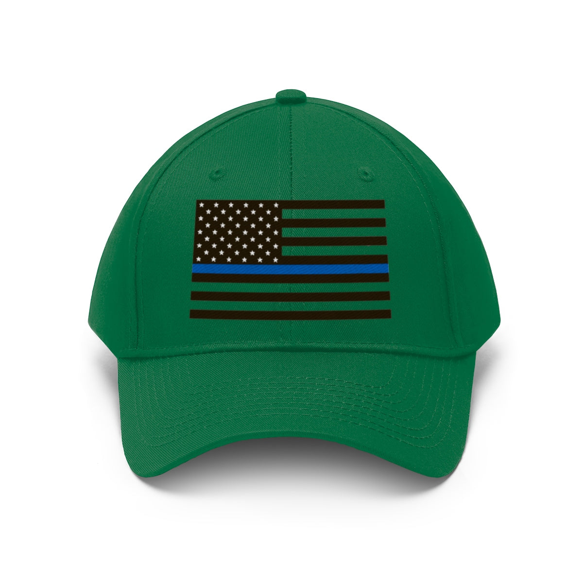 Thin Blue Line American Flag Twill Cap featuring a green base and iconic flag design.