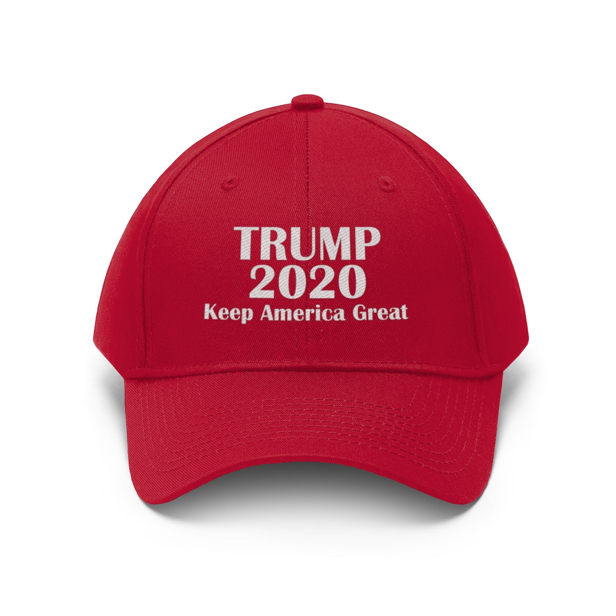 Trump 2020 Keep America Great Campaign Twill Cap in red with white text for patriotic supporters.