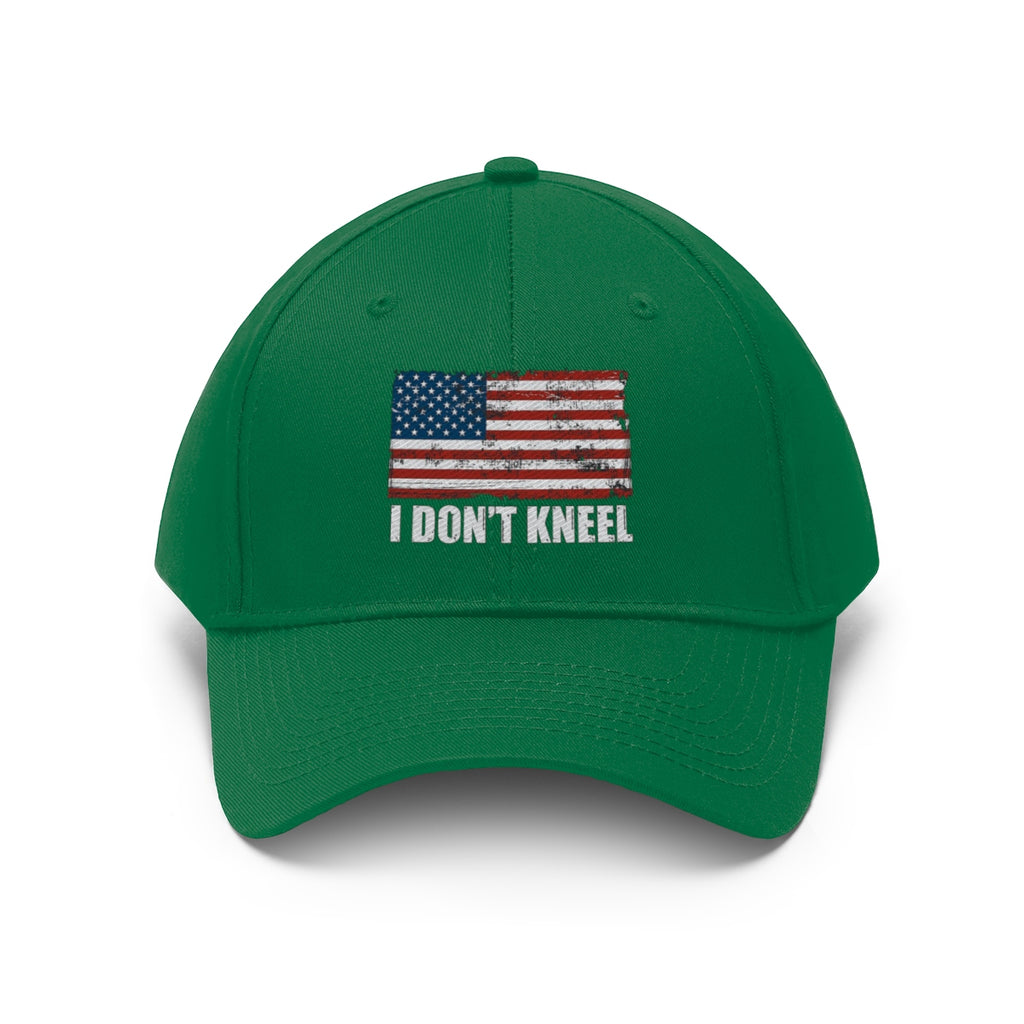 I Don't Kneel American Flag Twill Cap featuring an American flag design on a green cap.