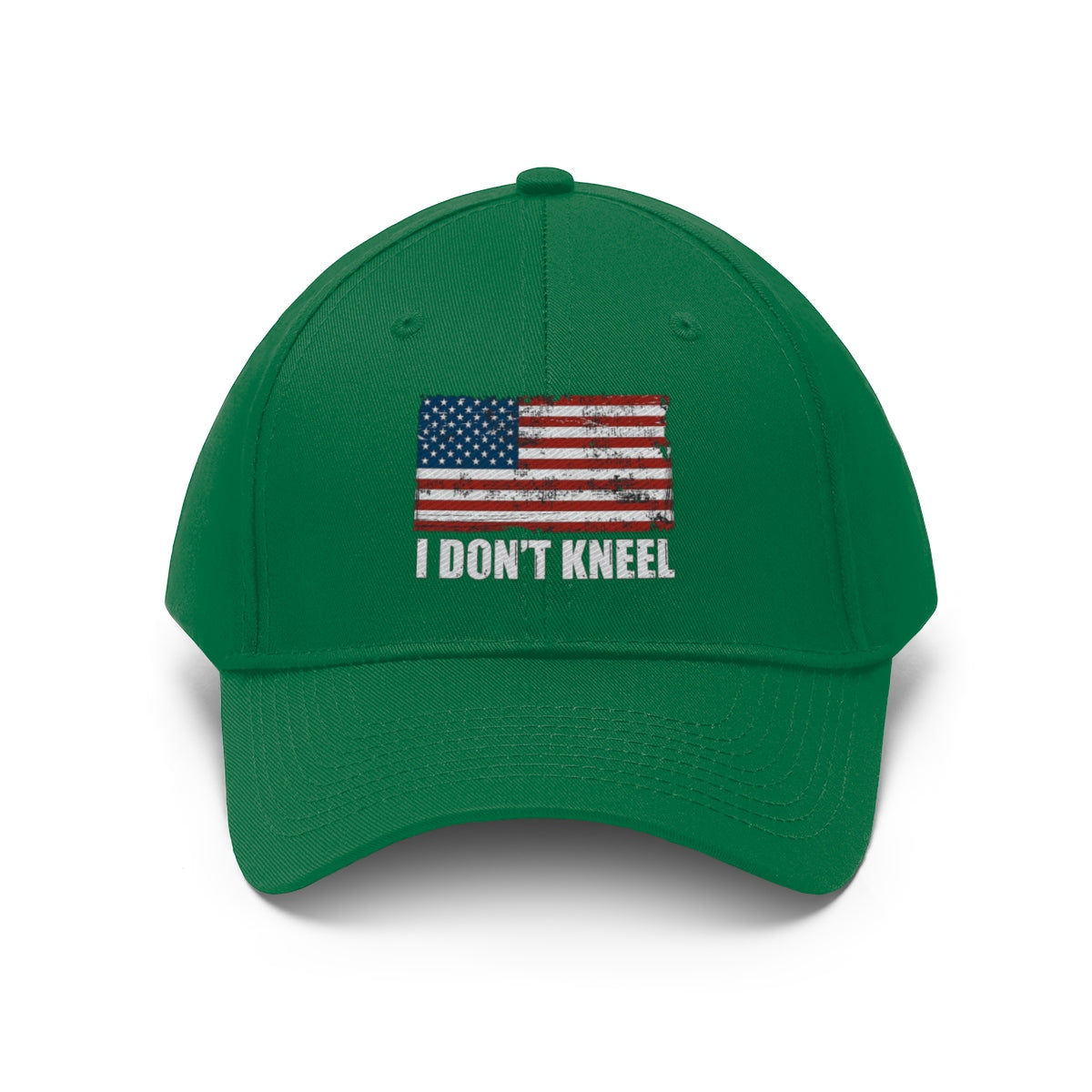 I Don't Kneel American Flag Twill Cap featuring an American flag design on a green cap.