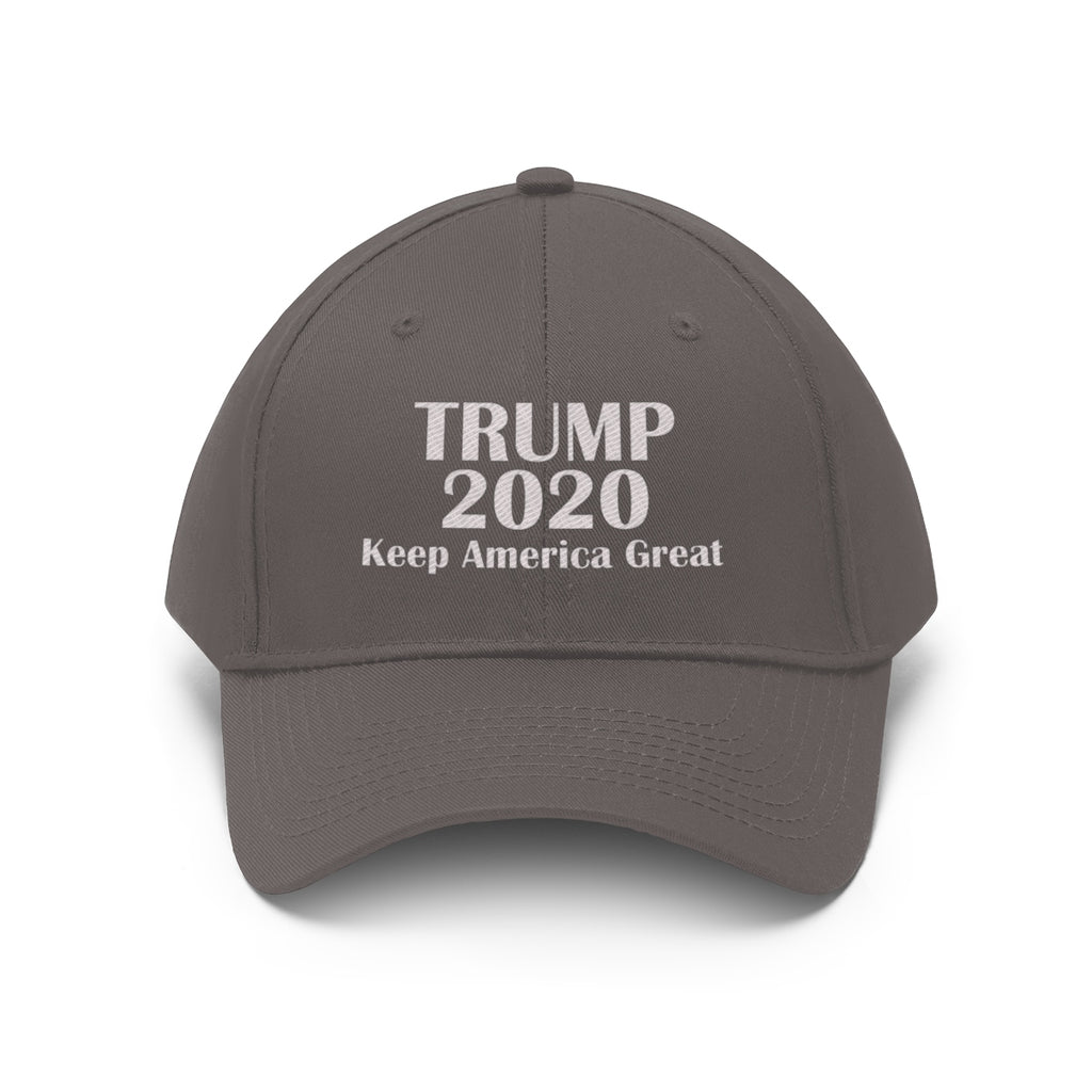 Trump 2020 Keep America Great Campaign Twill Cap featuring gray color and embroidered text.