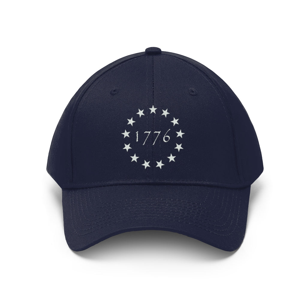 Vintage Betsy Ross Stars Cotton Twill Cap featuring stars and 1776 design on a navy background.