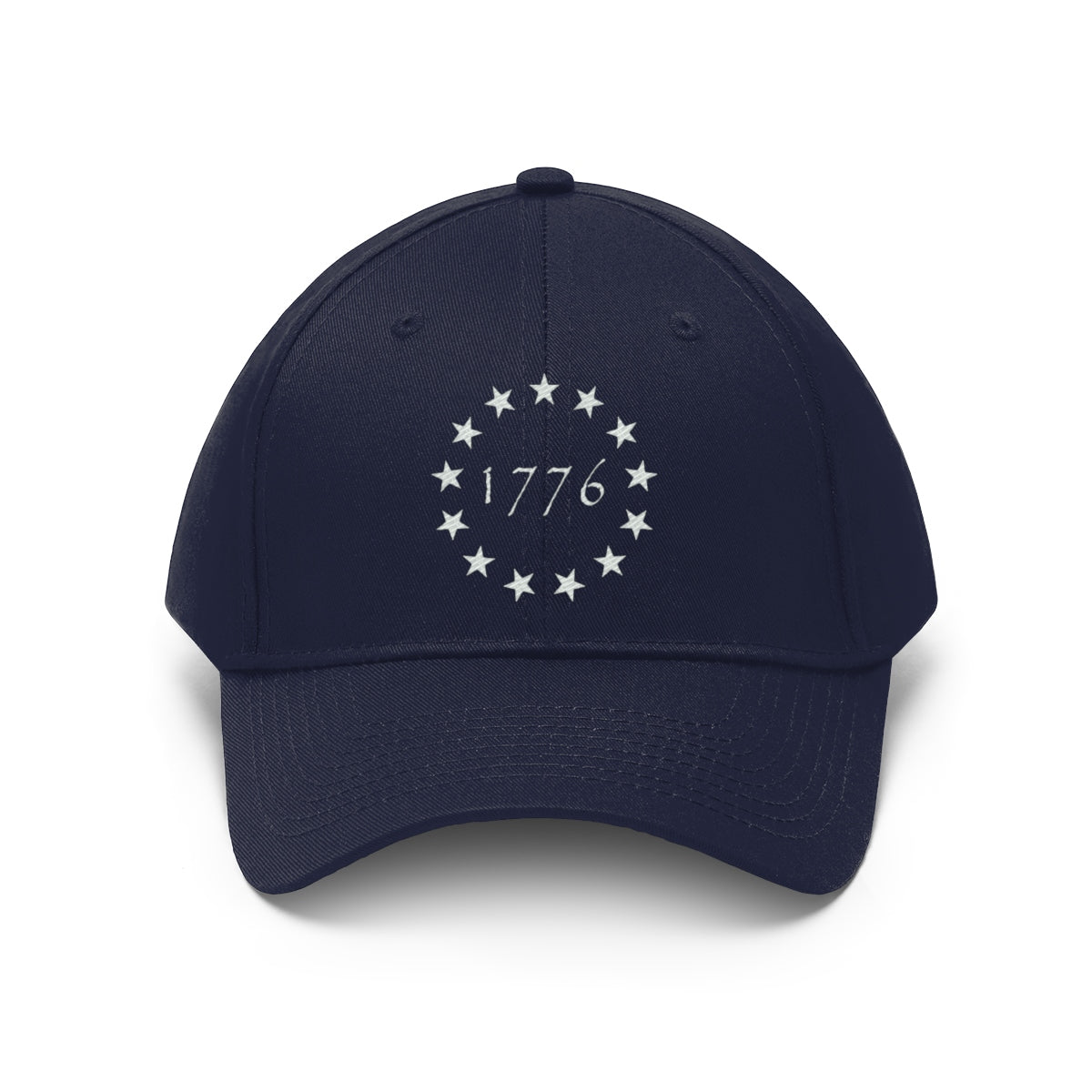 Vintage Betsy Ross Stars Cotton Twill Cap featuring stars and 1776 design on a navy background.