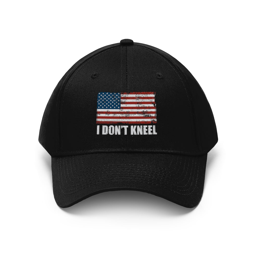 I Don't Kneel American Flag Twill Cap with distressed American flag design.