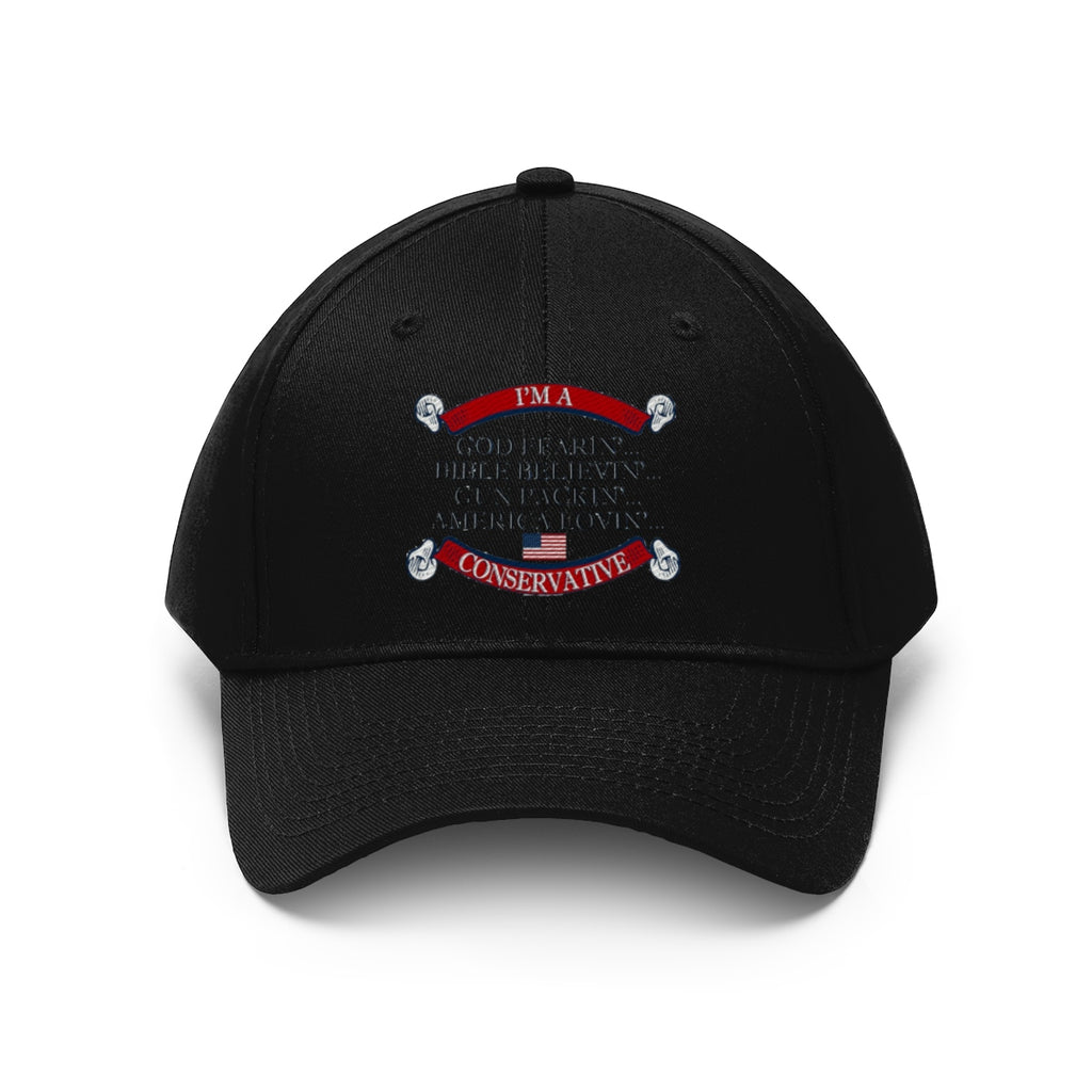 America Lovin' Conservative Twill Cap featuring a bold design with patriotic text and colors.