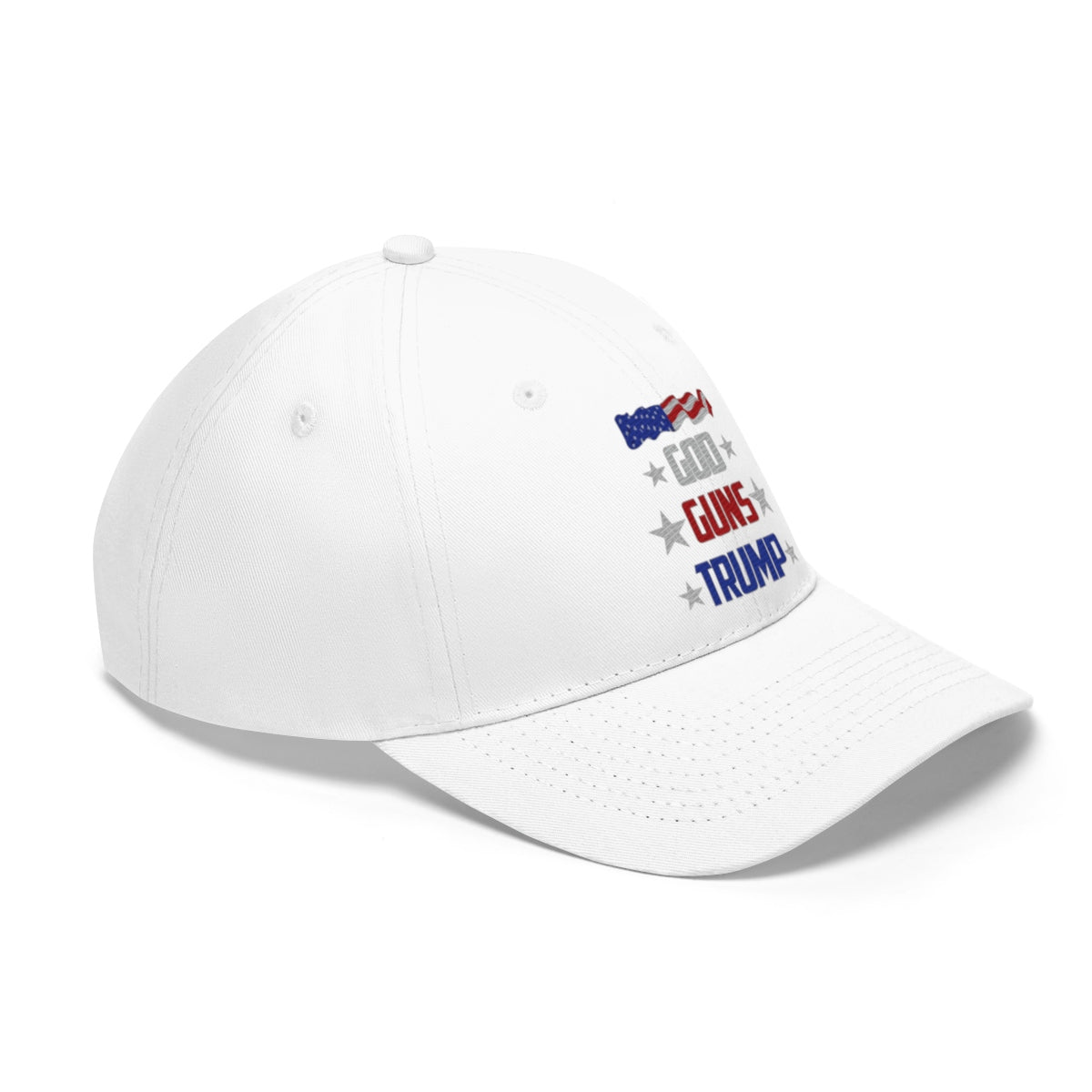 God Guns Trump Patriotic Twill Cap featuring stars and stripes design on a white baseball hat.