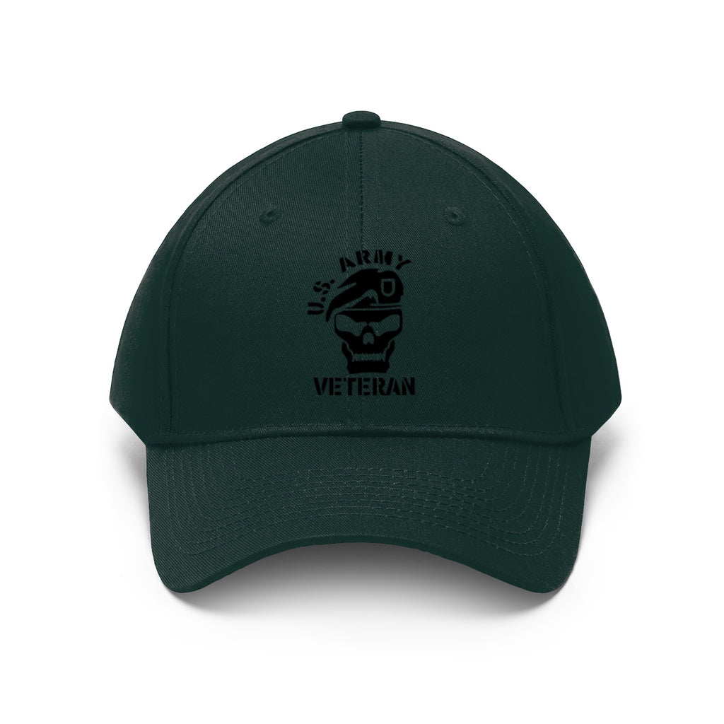 Vintage Twill Baseball Cap US Army Veteran with skull logo, a tribute to military service.